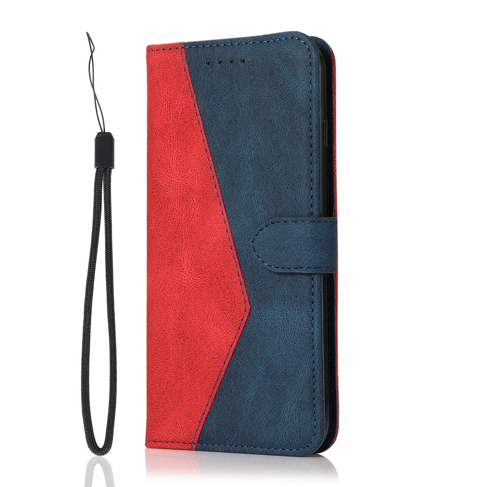 For Xiaomi 17 Pro Max Case Color Splicing Wallet Stand Leather Phone Cover with Wrist Strap - Red  /  Blue