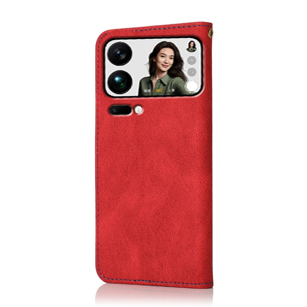 For Xiaomi 17 Pro Max Case Color Splicing Wallet Stand Leather Phone Cover with Wrist Strap - Red  /  Blue