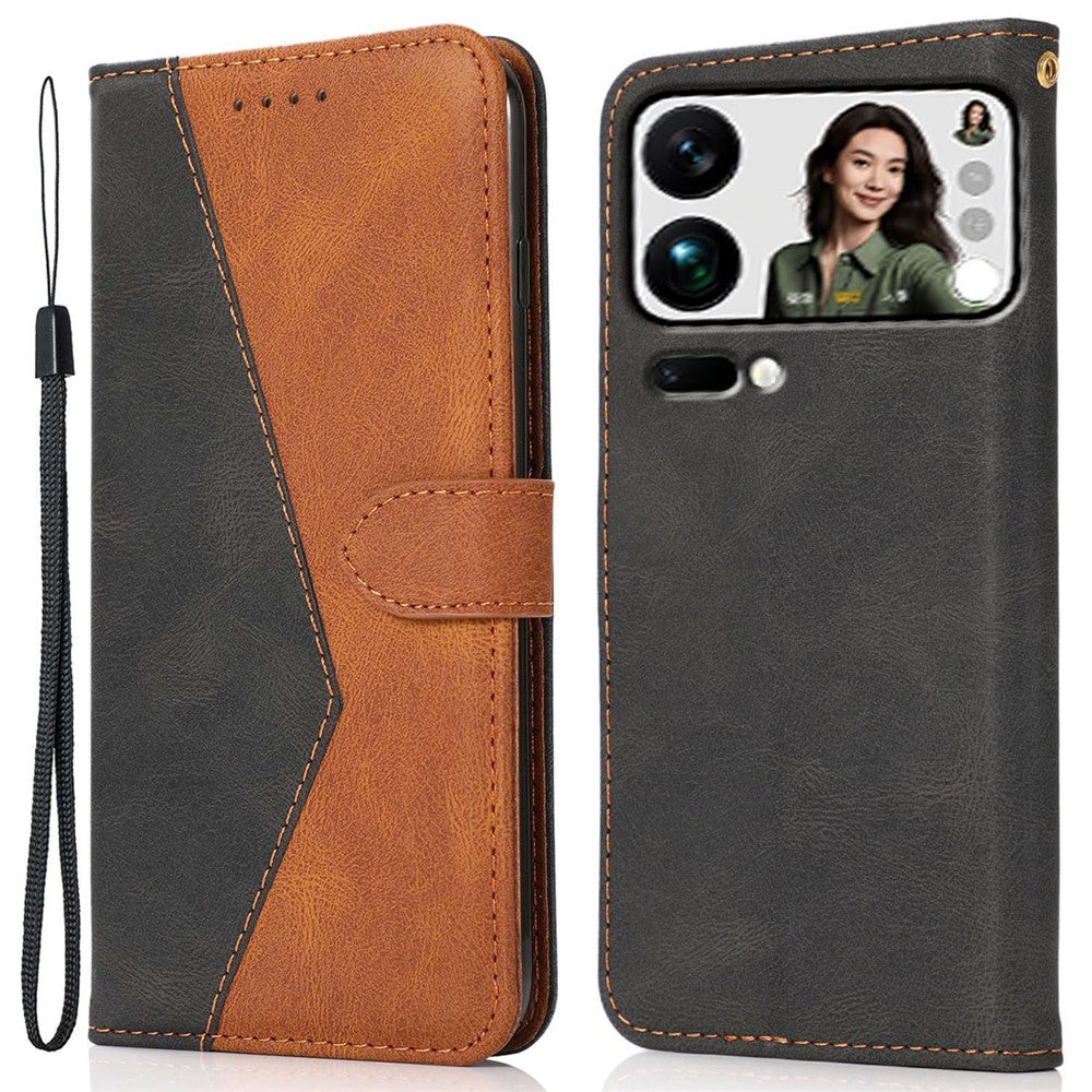 For Xiaomi 17 Pro Max Case Color Splicing Wallet Stand Leather Phone Cover with Wrist Strap - Black  /  Brown