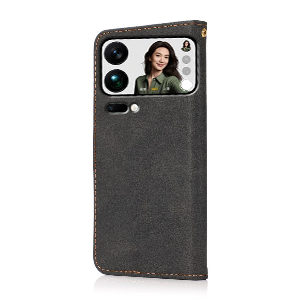 For Xiaomi 17 Pro Max Case Color Splicing Wallet Stand Leather Phone Cover with Wrist Strap - Black  /  Brown