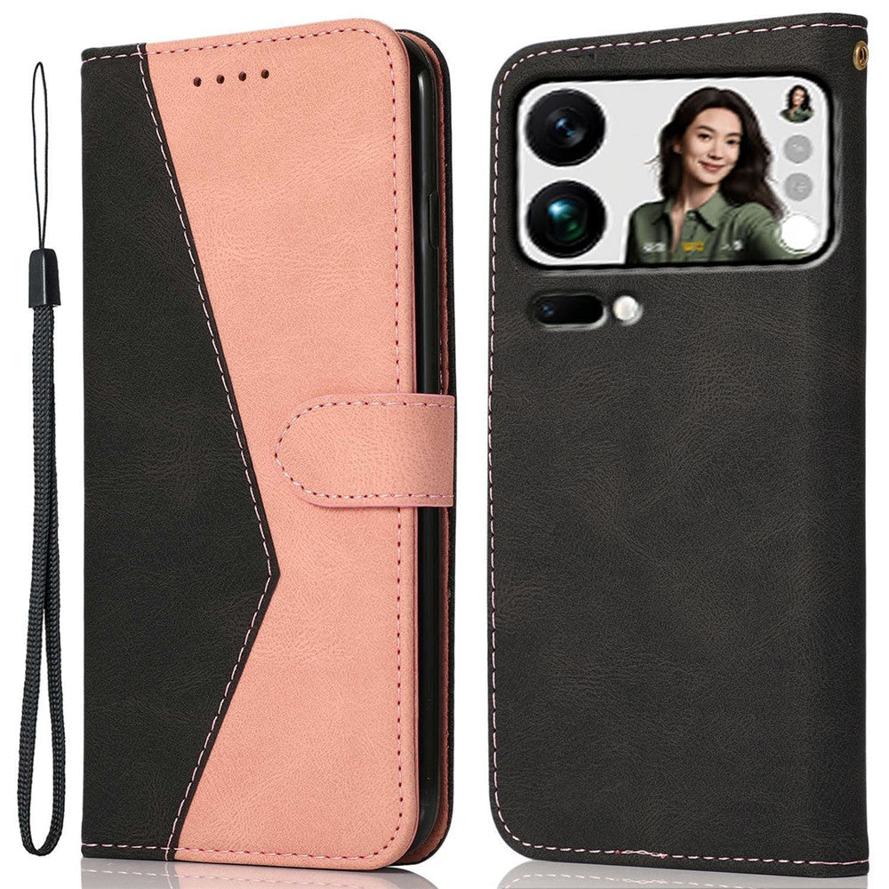 For Xiaomi 17 Pro Max Case Color Splicing Wallet Stand Leather Phone Cover with Wrist Strap - Black  /  Rose Gold