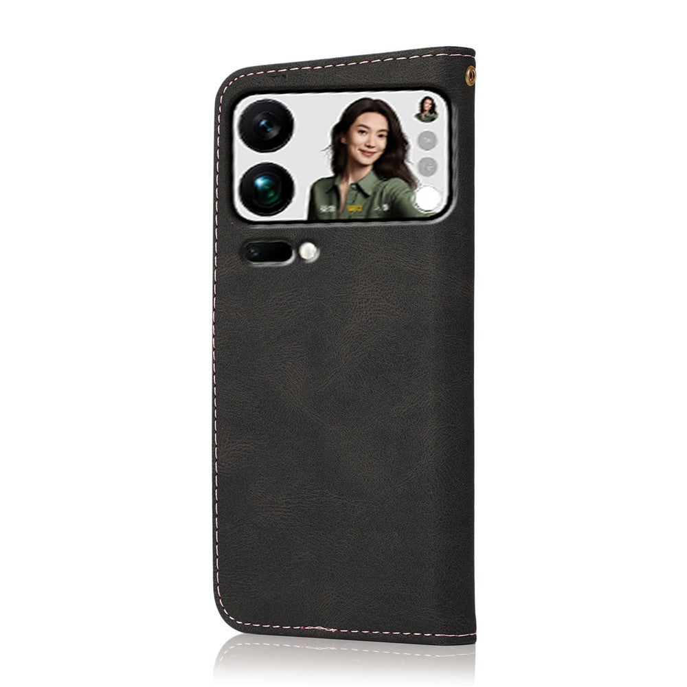 For Xiaomi 17 Pro Max Case Color Splicing Wallet Stand Leather Phone Cover with Wrist Strap - Black  /  Rose Gold