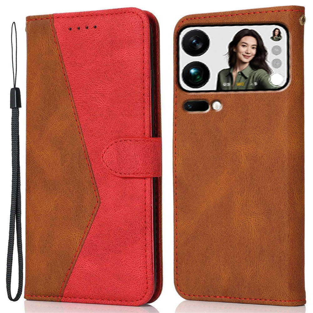 For Xiaomi 17 Pro Max Case Color Splicing Wallet Stand Leather Phone Cover with Wrist Strap - Brown  /  Red