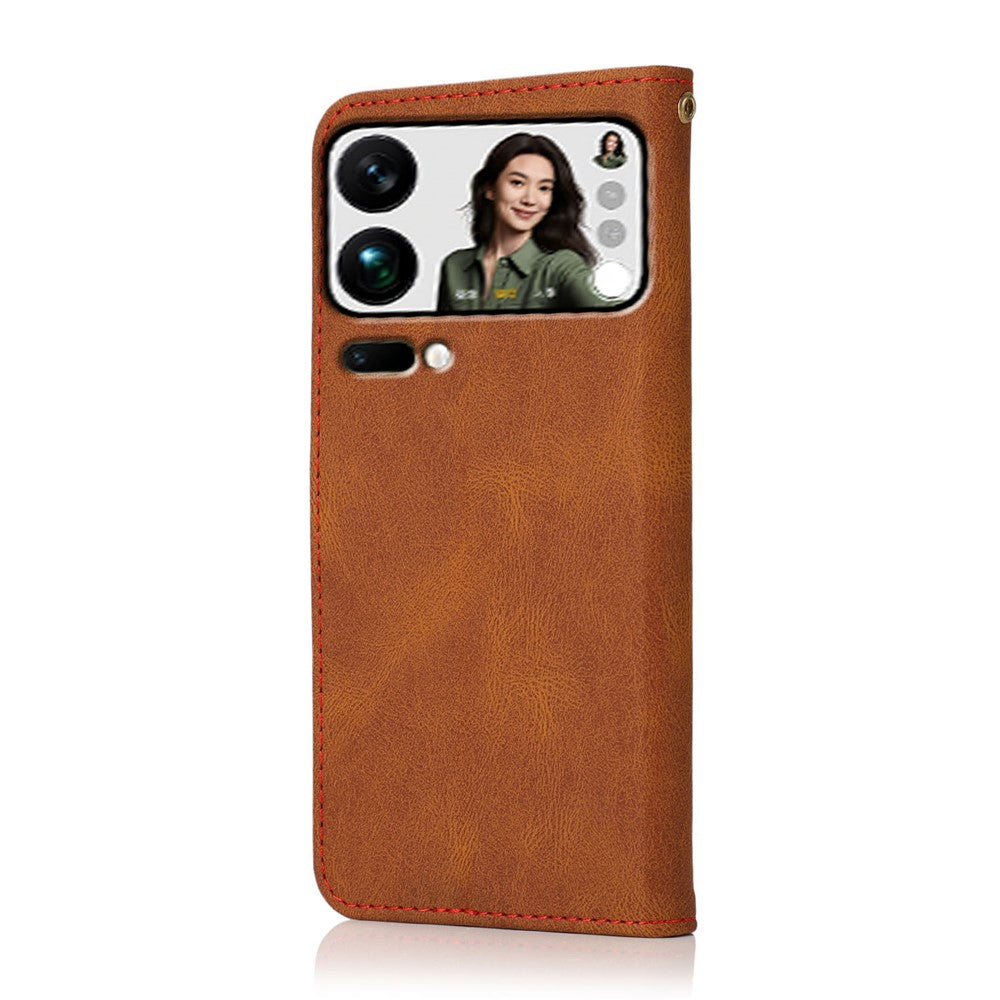 For Xiaomi 17 Pro Max Case Color Splicing Wallet Stand Leather Phone Cover with Wrist Strap - Brown  /  Red
