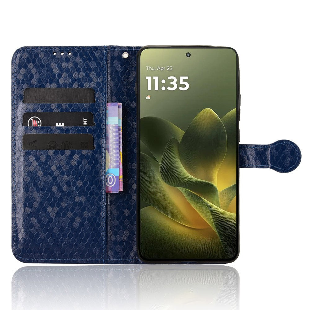 For Motorola Edge 70 5G Wallet Case Dot Pattern Imprint PU Leather Phone Cover with Wrist Strap - Dark Blue