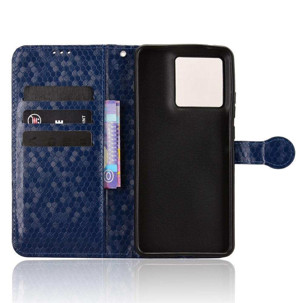 For Motorola Edge 70 5G Wallet Case Dot Pattern Imprint PU Leather Phone Cover with Wrist Strap - Dark Blue