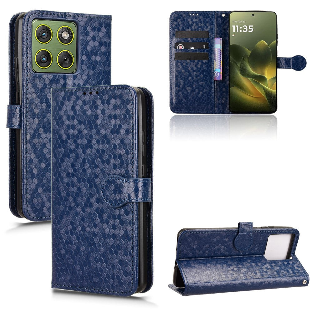 For Motorola Edge 70 5G Wallet Case Dot Pattern Imprint PU Leather Phone Cover with Wrist Strap - Dark Blue