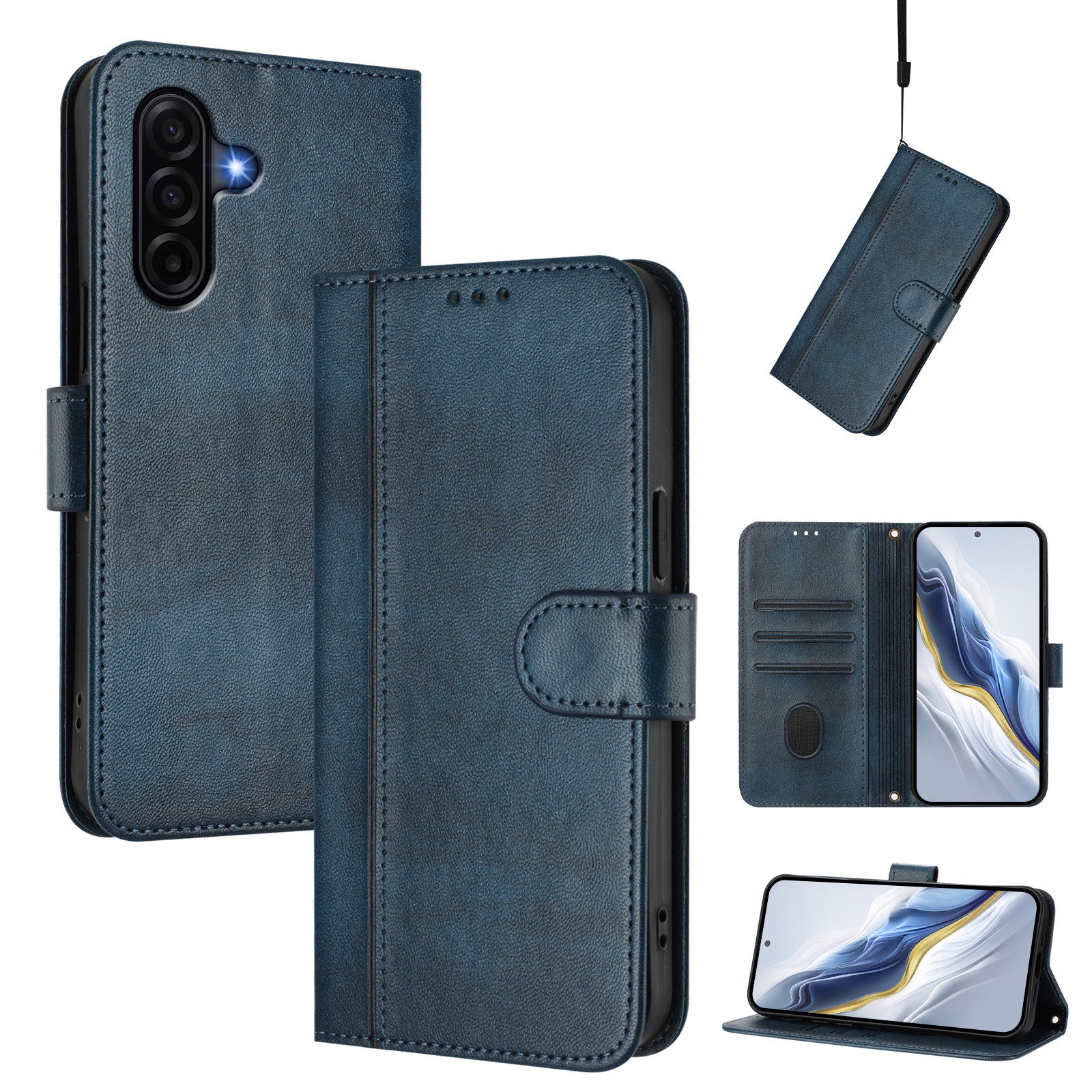 For Samsung Galaxy A57 5G Cases Wallet Stand Retro Texture Leather Phone Cover with Lanyard - Blue