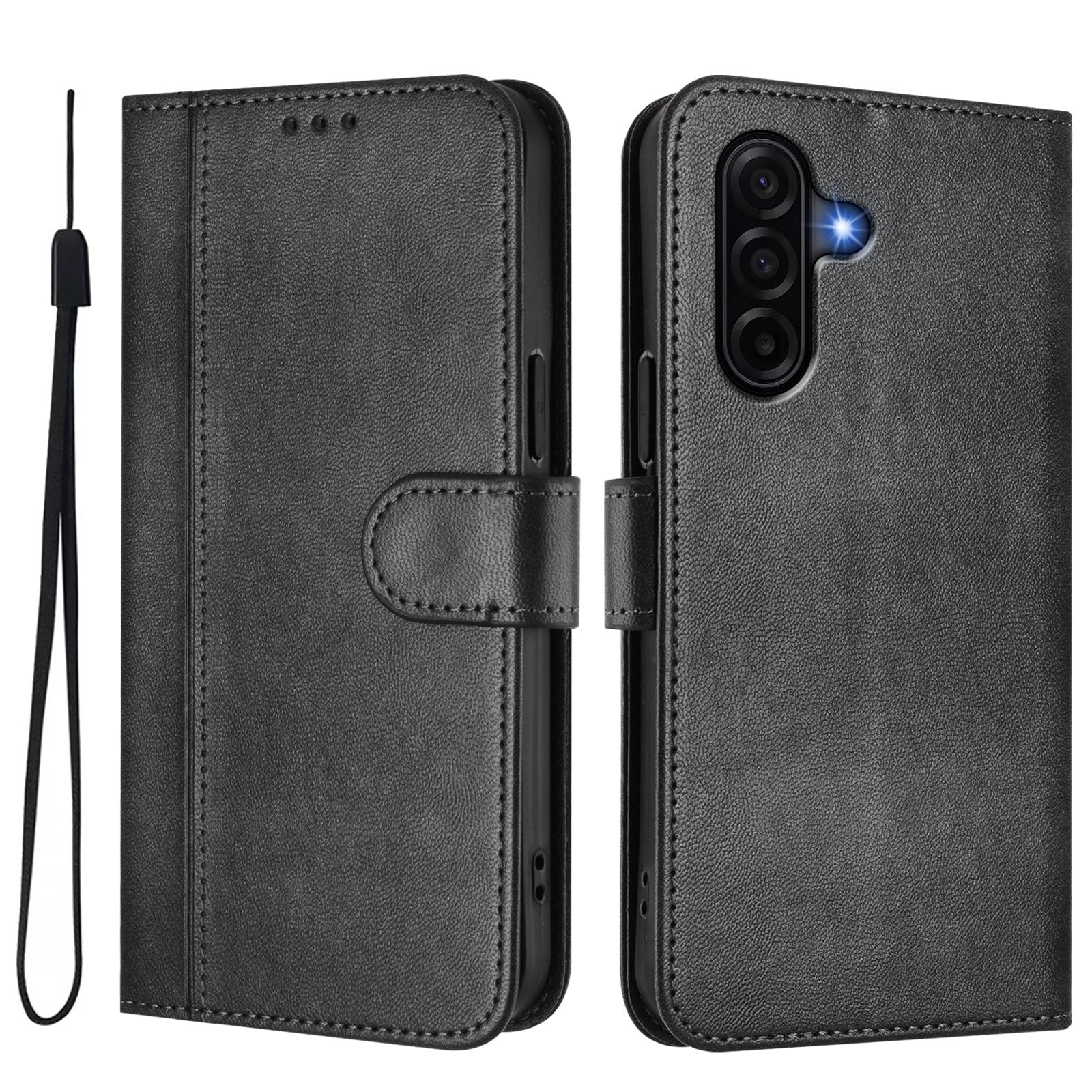 For Samsung Galaxy A57 5G Cases Wallet Stand Retro Texture Leather Phone Cover with Lanyard - Black