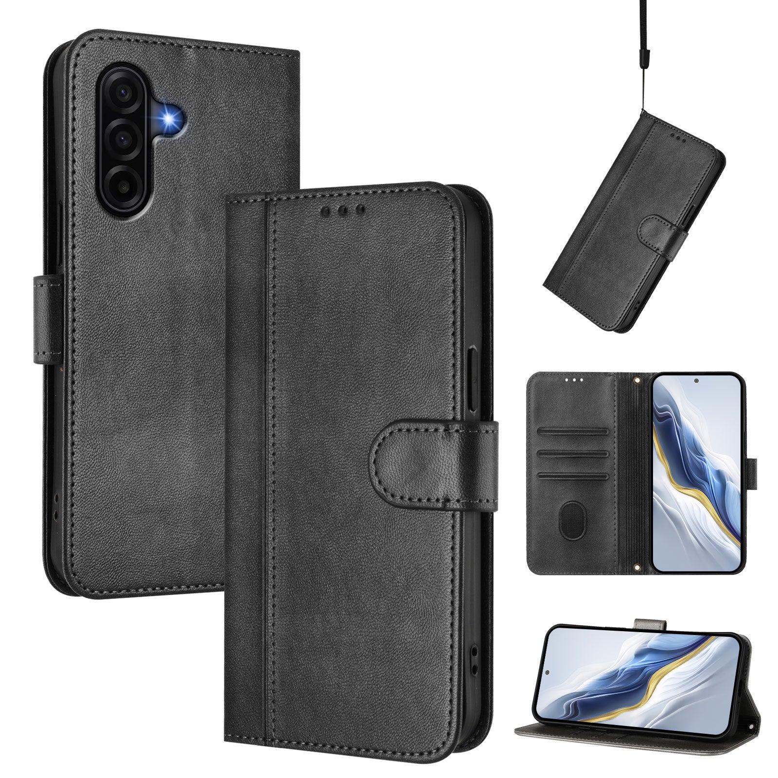 For Samsung Galaxy A57 5G Cases Wallet Stand Retro Texture Leather Phone Cover with Lanyard - Black