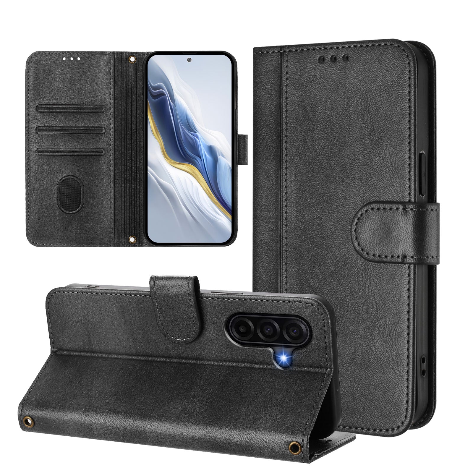For Samsung Galaxy A57 5G Cases Wallet Stand Retro Texture Leather Phone Cover with Lanyard - Black