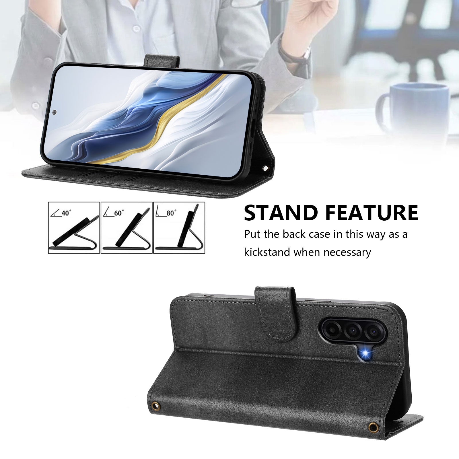 For Samsung Galaxy A57 5G Cases Wallet Stand Retro Texture Leather Phone Cover with Lanyard - Black