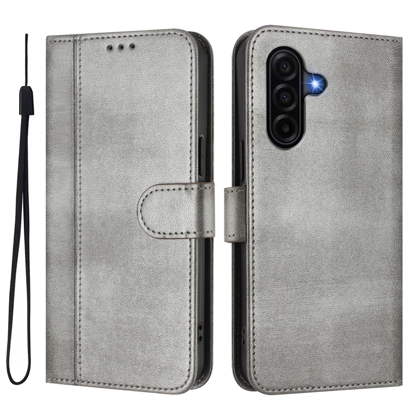 For Samsung Galaxy A57 5G Cases Wallet Stand Retro Texture Leather Phone Cover with Lanyard - Grey