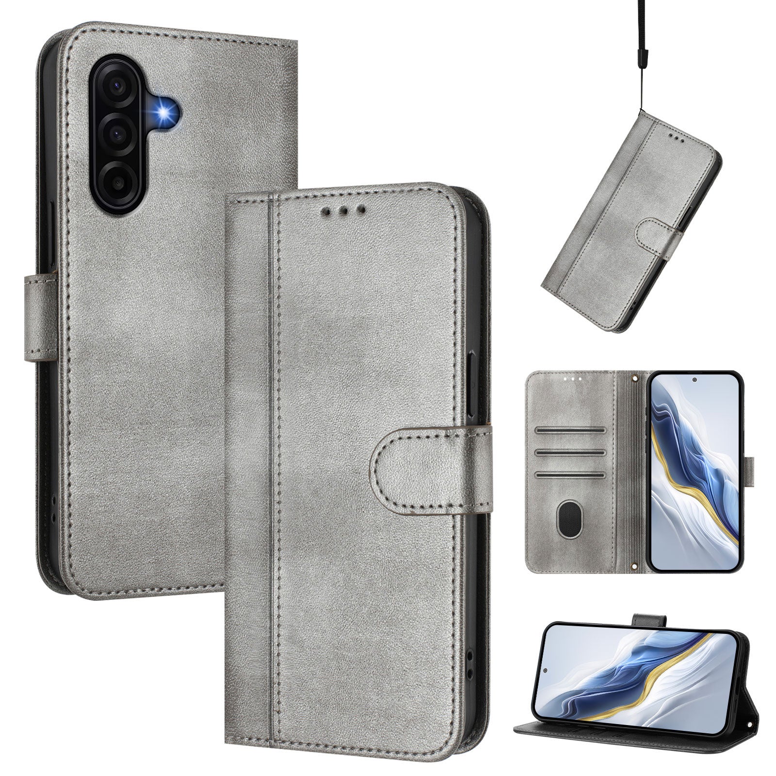 For Samsung Galaxy A57 5G Cases Wallet Stand Retro Texture Leather Phone Cover with Lanyard - Grey