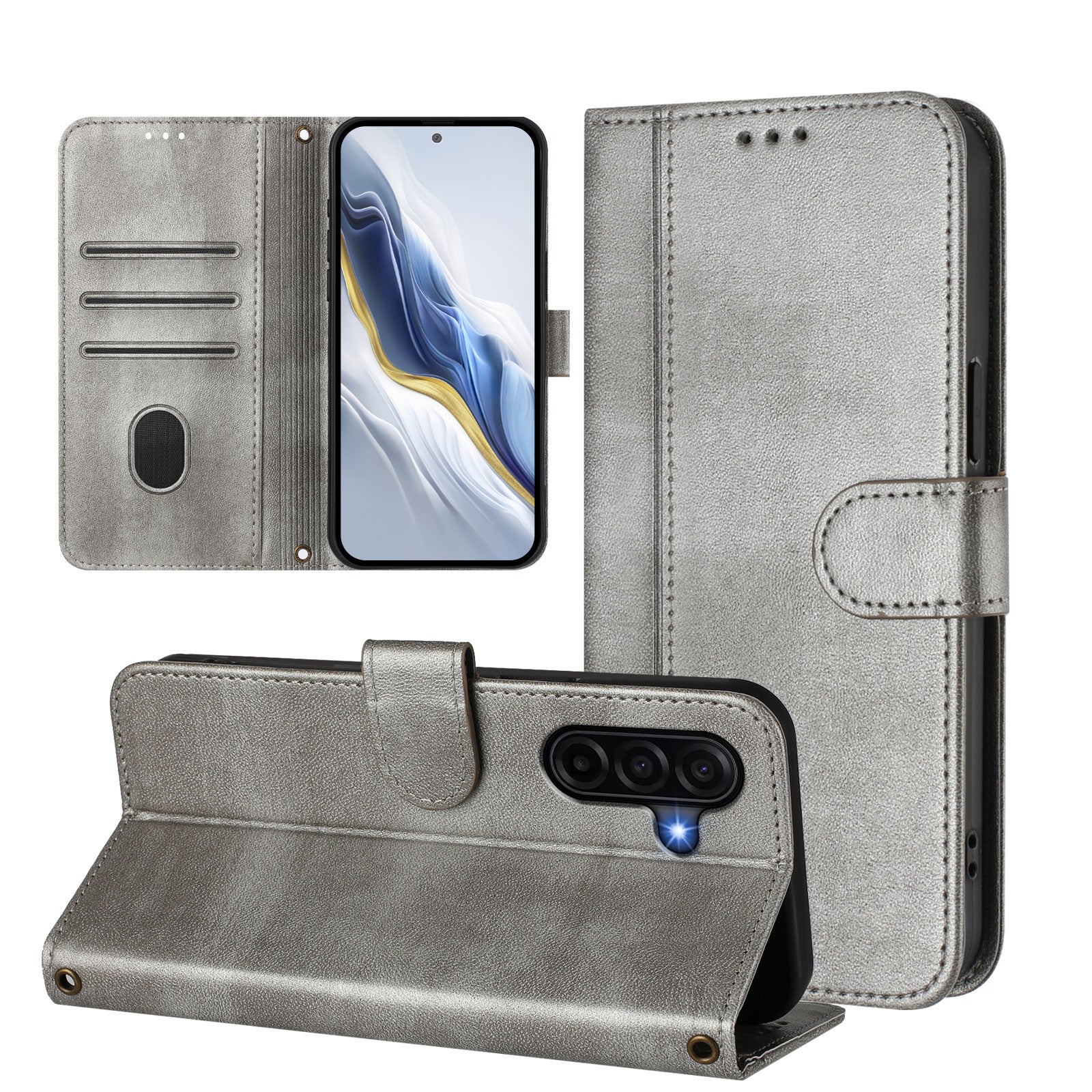 For Samsung Galaxy A57 5G Cases Wallet Stand Retro Texture Leather Phone Cover with Lanyard - Grey