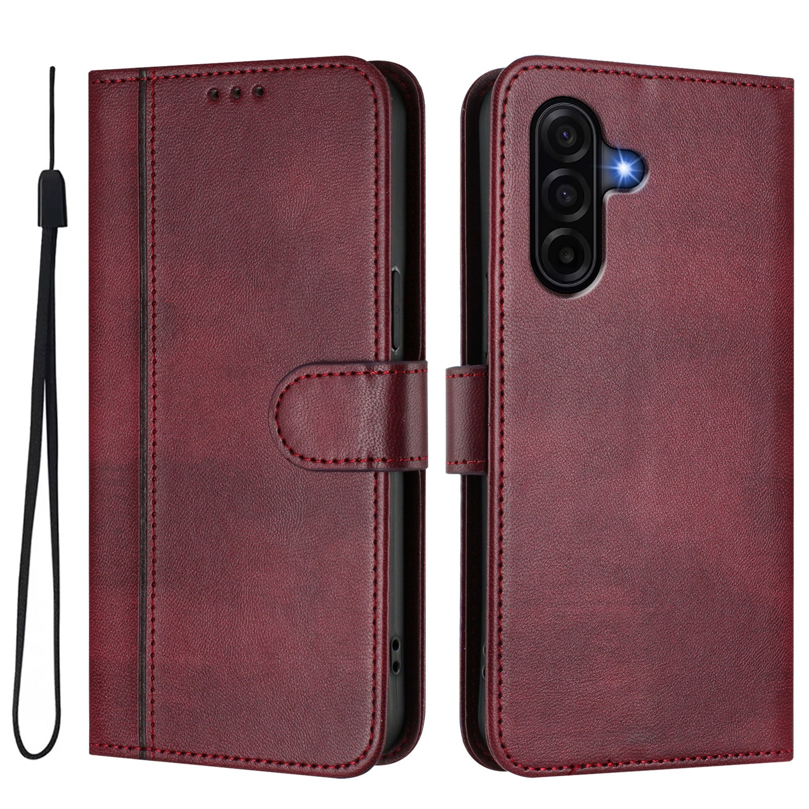 For Samsung Galaxy A57 5G Cases Wallet Stand Retro Texture Leather Phone Cover with Lanyard - Wine Red