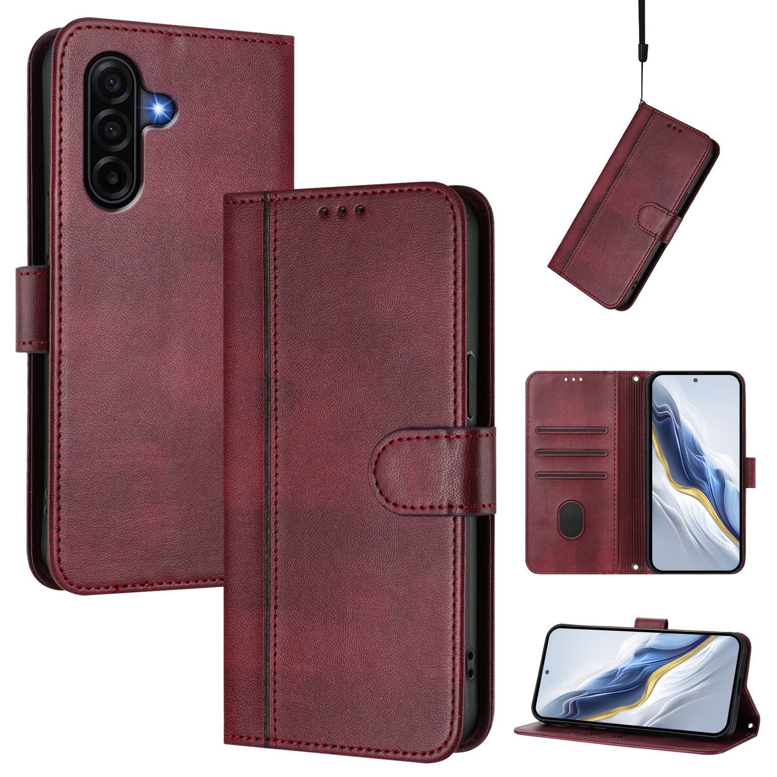 For Samsung Galaxy A57 5G Cases Wallet Stand Retro Texture Leather Phone Cover with Lanyard - Wine Red