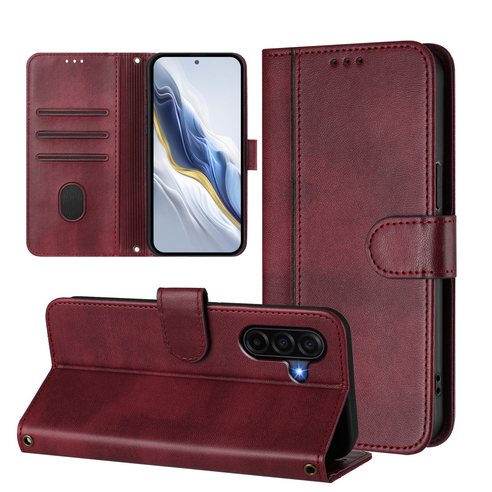 For Samsung Galaxy A57 5G Cases Wallet Stand Retro Texture Leather Phone Cover with Lanyard - Wine Red
