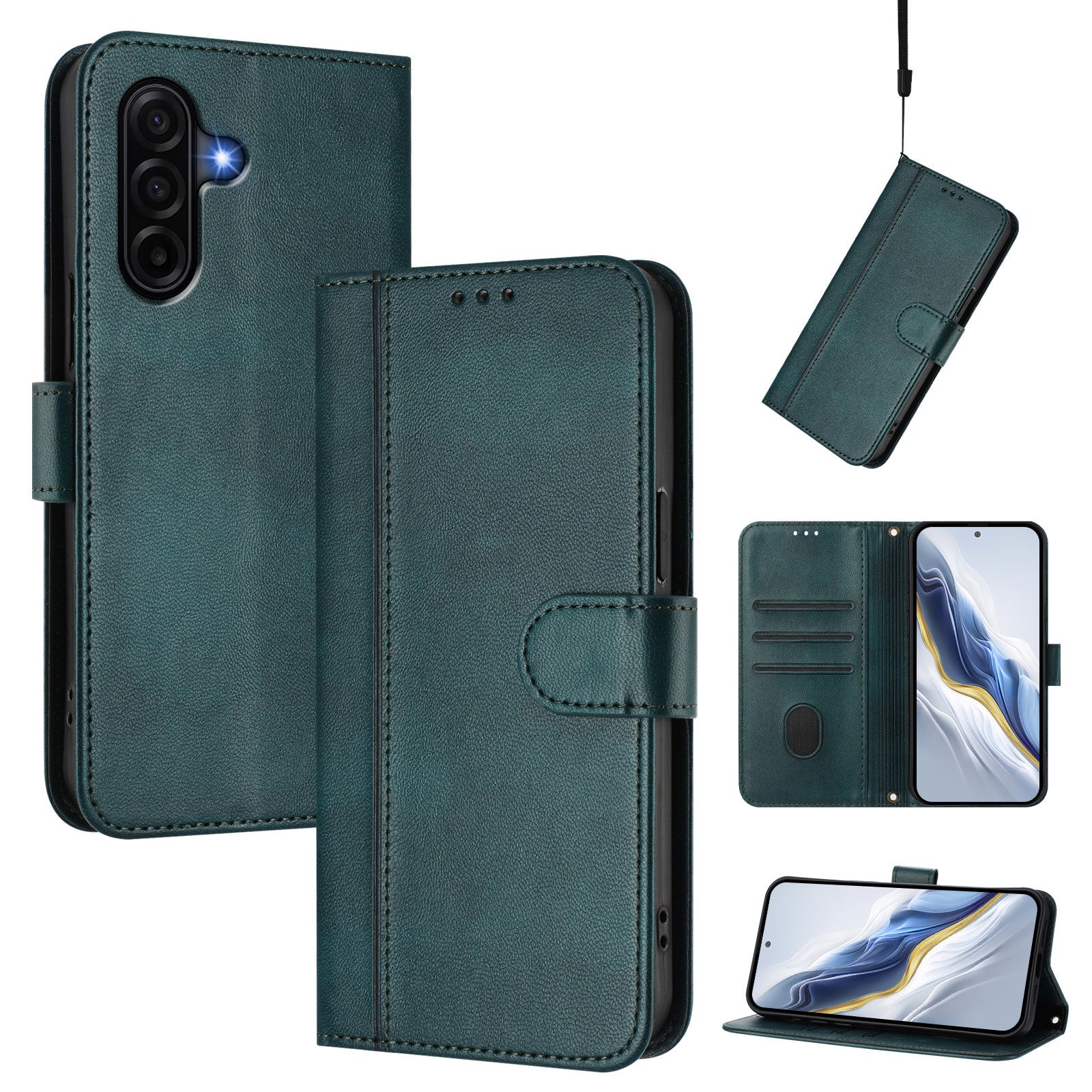 For Samsung Galaxy A57 5G Cases Wallet Stand Retro Texture Leather Phone Cover with Lanyard - Dark Green