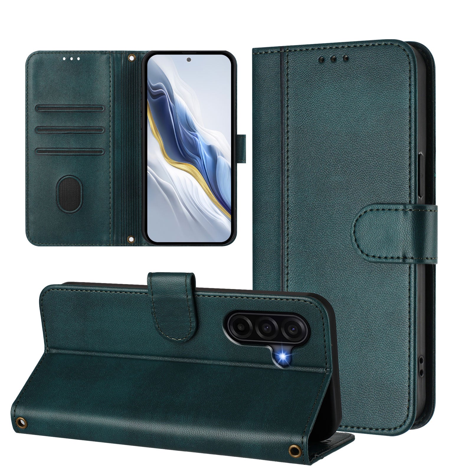For Samsung Galaxy A57 5G Cases Wallet Stand Retro Texture Leather Phone Cover with Lanyard - Dark Green