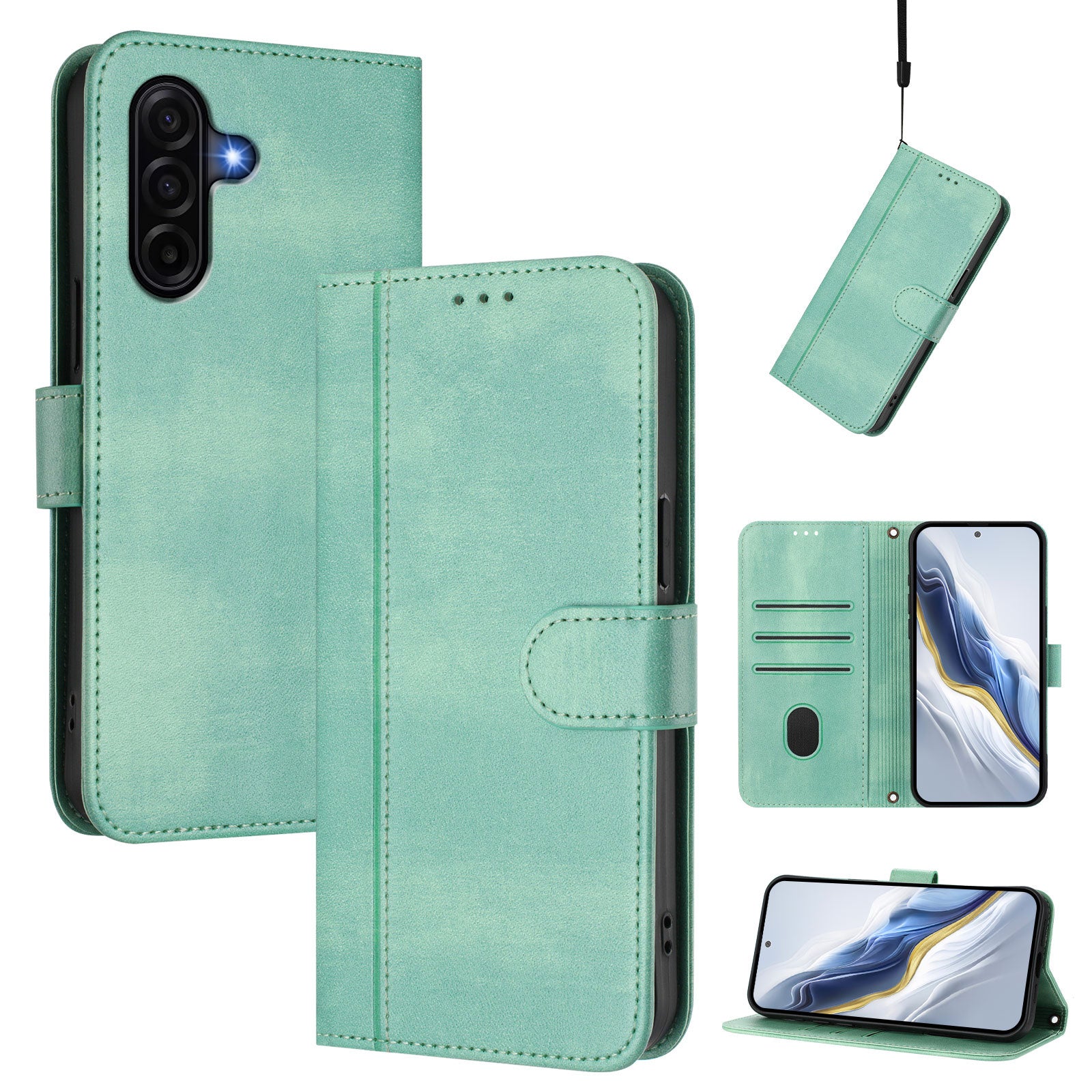 For Samsung Galaxy A57 5G Cases Wallet Stand Retro Texture Leather Phone Cover with Lanyard - Mint Green