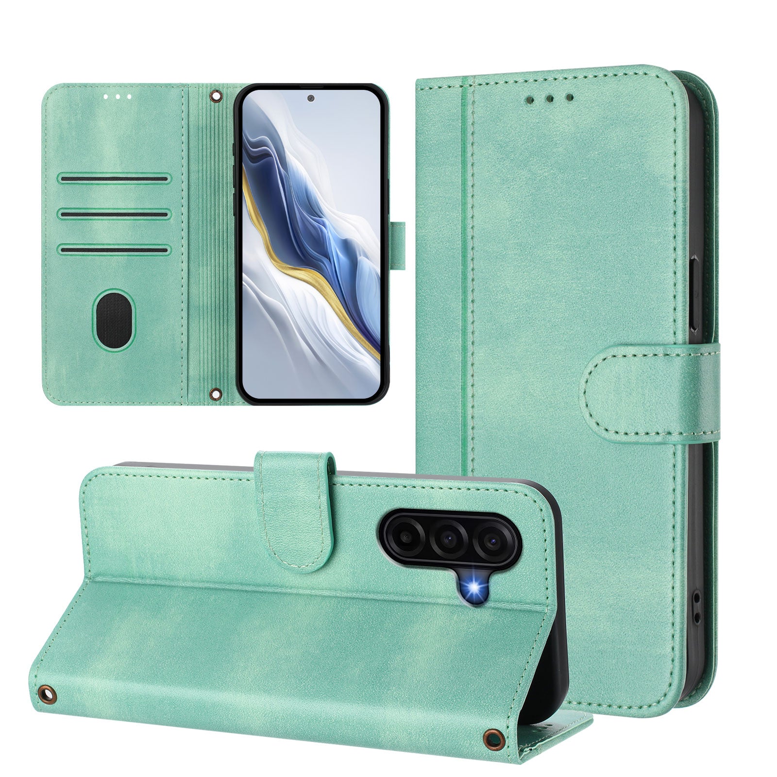 For Samsung Galaxy A57 5G Cases Wallet Stand Retro Texture Leather Phone Cover with Lanyard - Mint Green