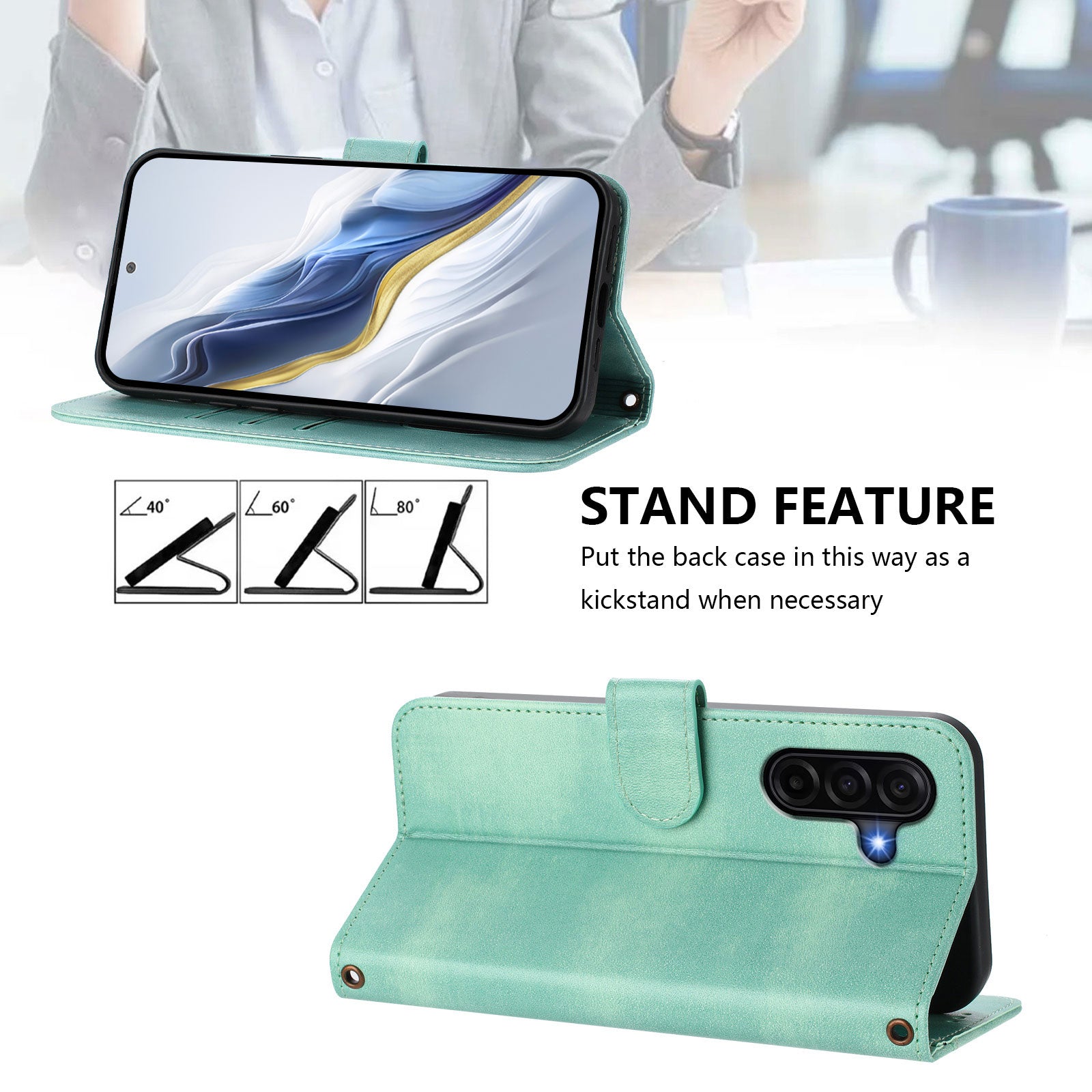 For Samsung Galaxy A57 5G Cases Wallet Stand Retro Texture Leather Phone Cover with Lanyard - Mint Green