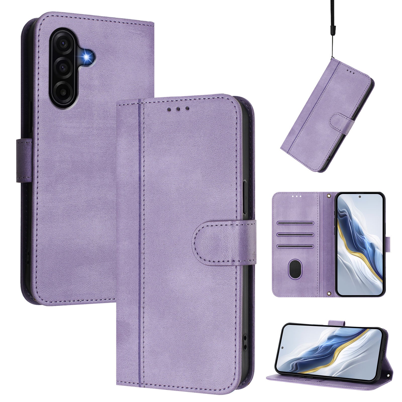 For Samsung Galaxy A57 5G Cases Wallet Stand Retro Texture Leather Phone Cover with Lanyard - Light Purple