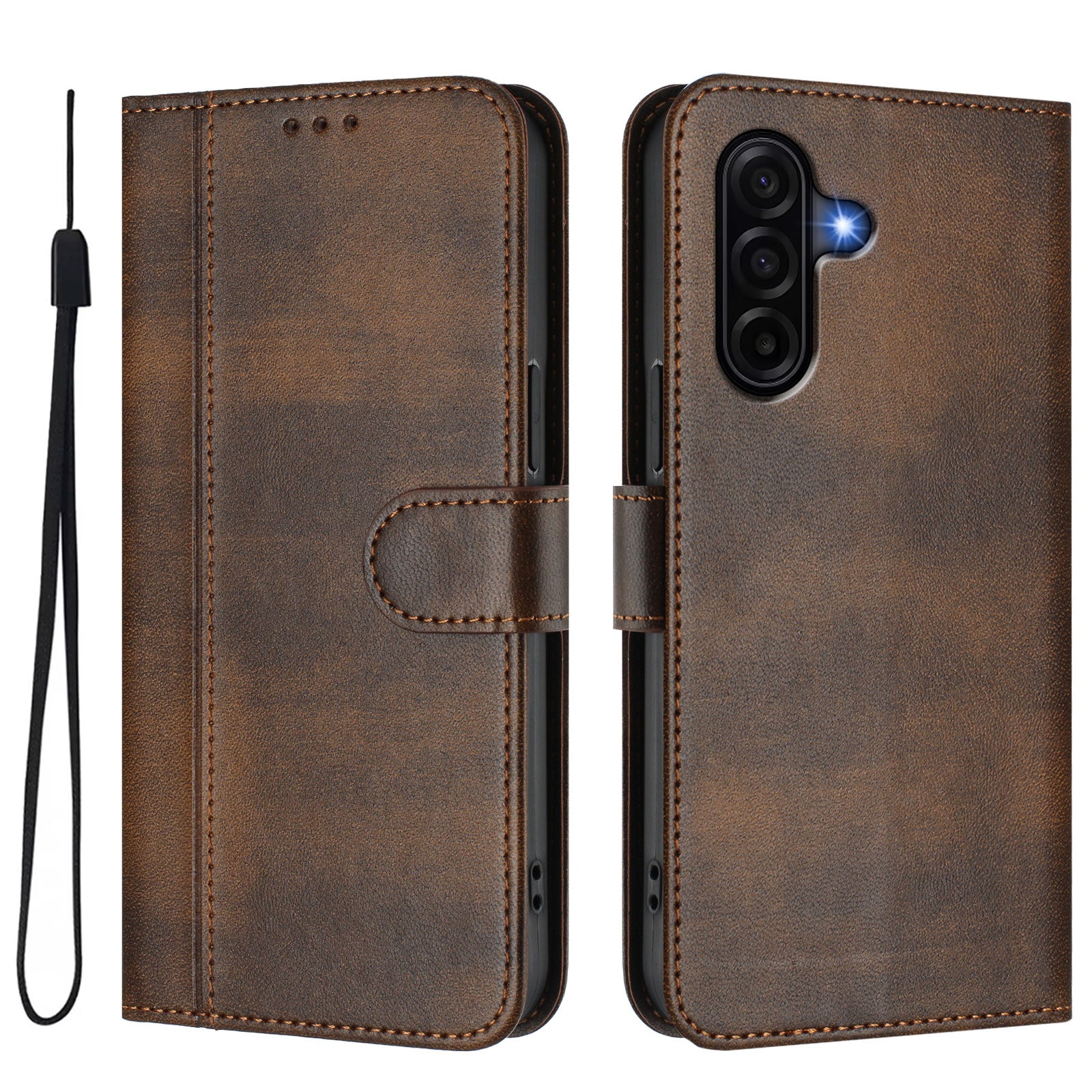 For Samsung Galaxy A57 5G Cases Wallet Stand Retro Texture Leather Phone Cover with Lanyard - Brown