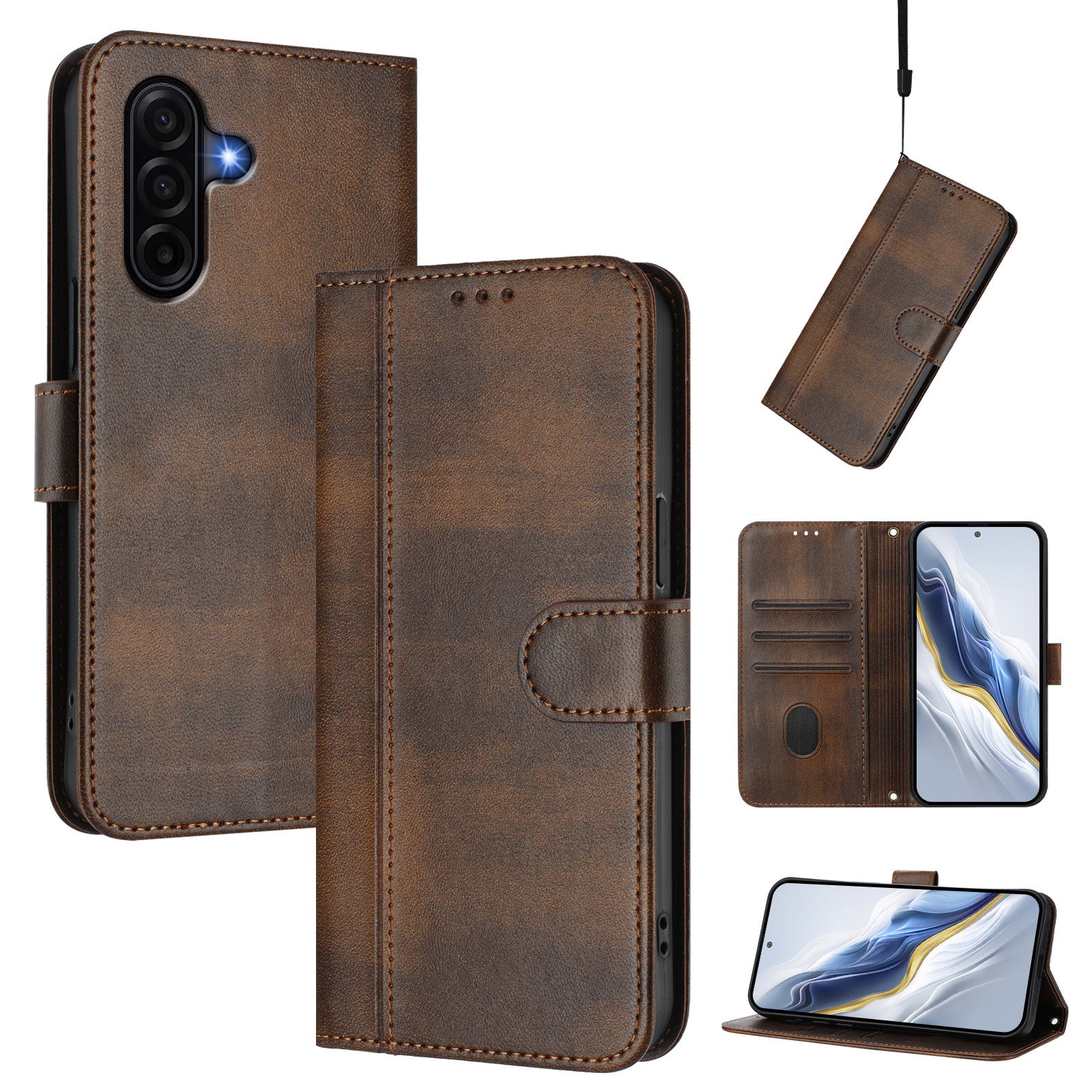 For Samsung Galaxy A57 5G Cases Wallet Stand Retro Texture Leather Phone Cover with Lanyard - Brown