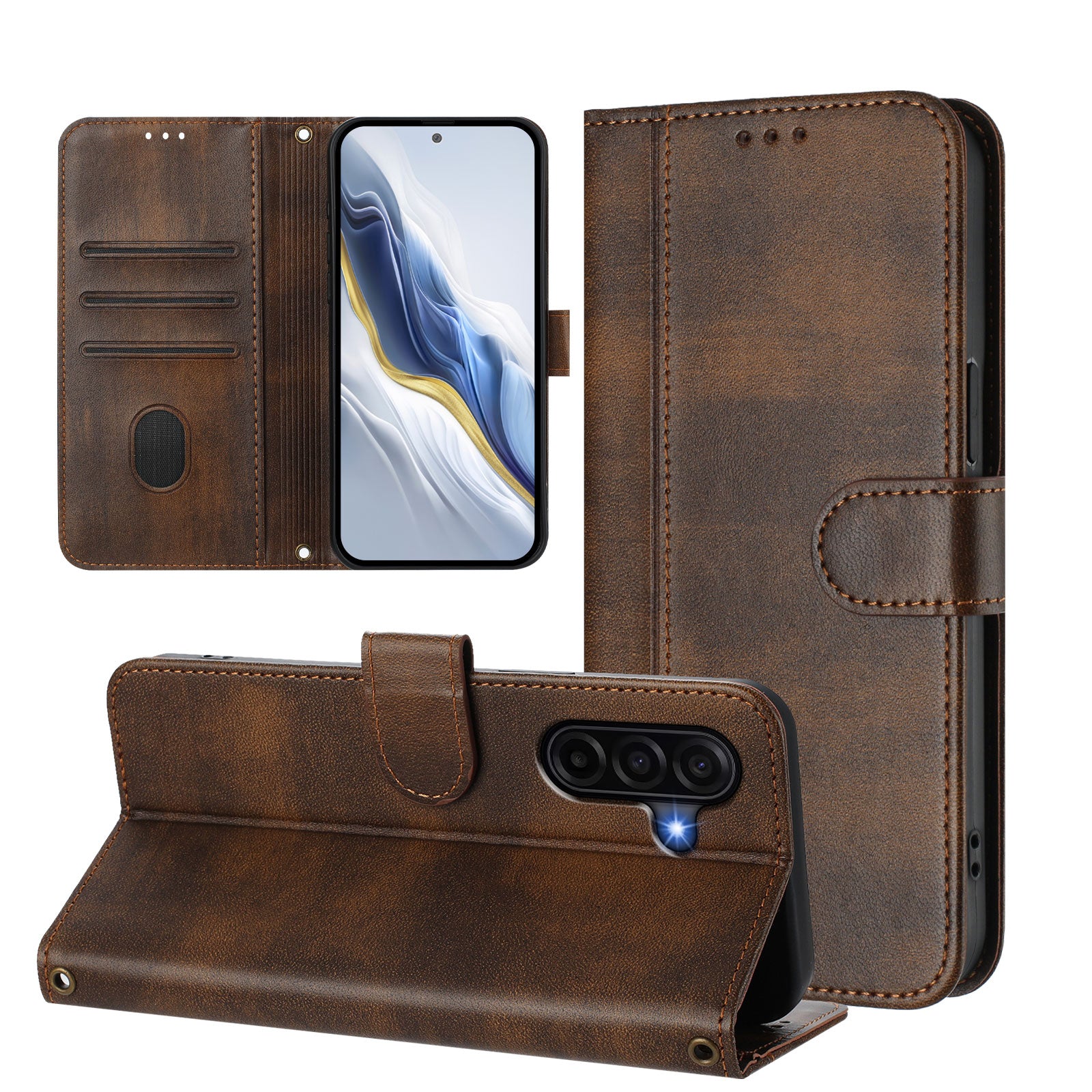 For Samsung Galaxy A57 5G Cases Wallet Stand Retro Texture Leather Phone Cover with Lanyard - Brown