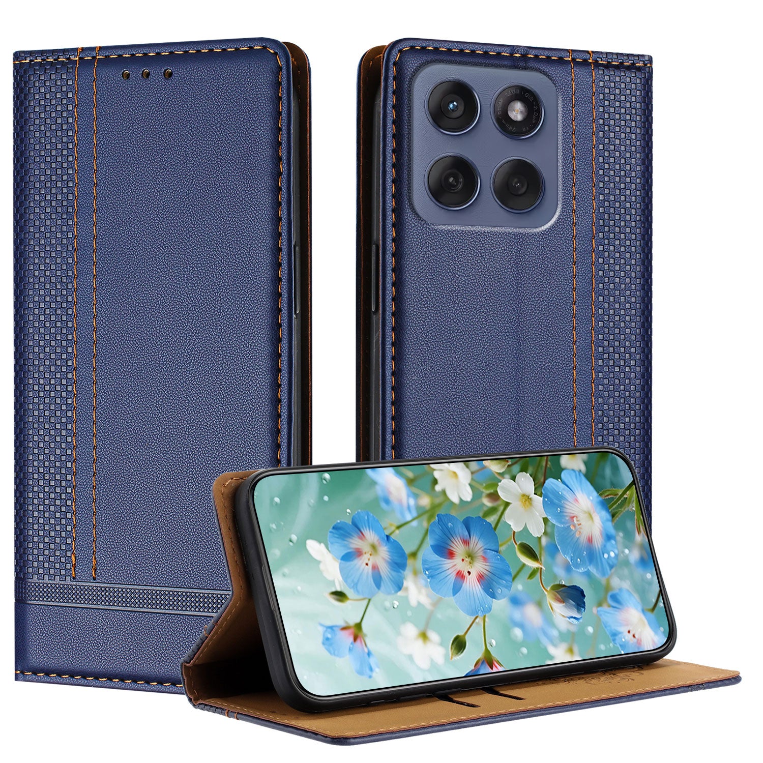 For Motorola Edge 70 5G Case L-Shaped Grid Pattern Leather Stand Phone Cover with Card Slots - Blue
