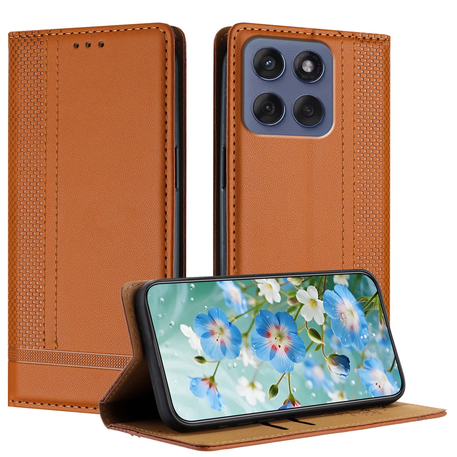 For Motorola Edge 70 5G Case L-Shaped Grid Pattern Leather Stand Phone Cover with Card Slots - Brown