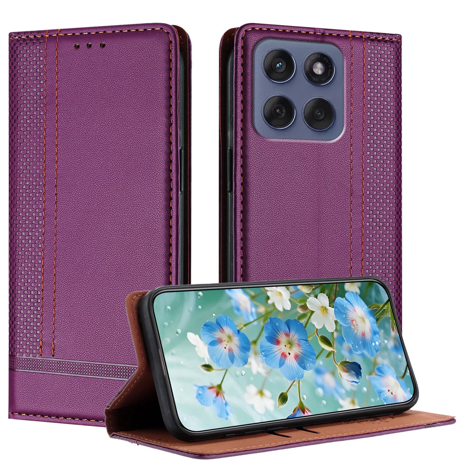 For Motorola Edge 70 5G Case L-Shaped Grid Pattern Leather Stand Phone Cover with Card Slots - Purple