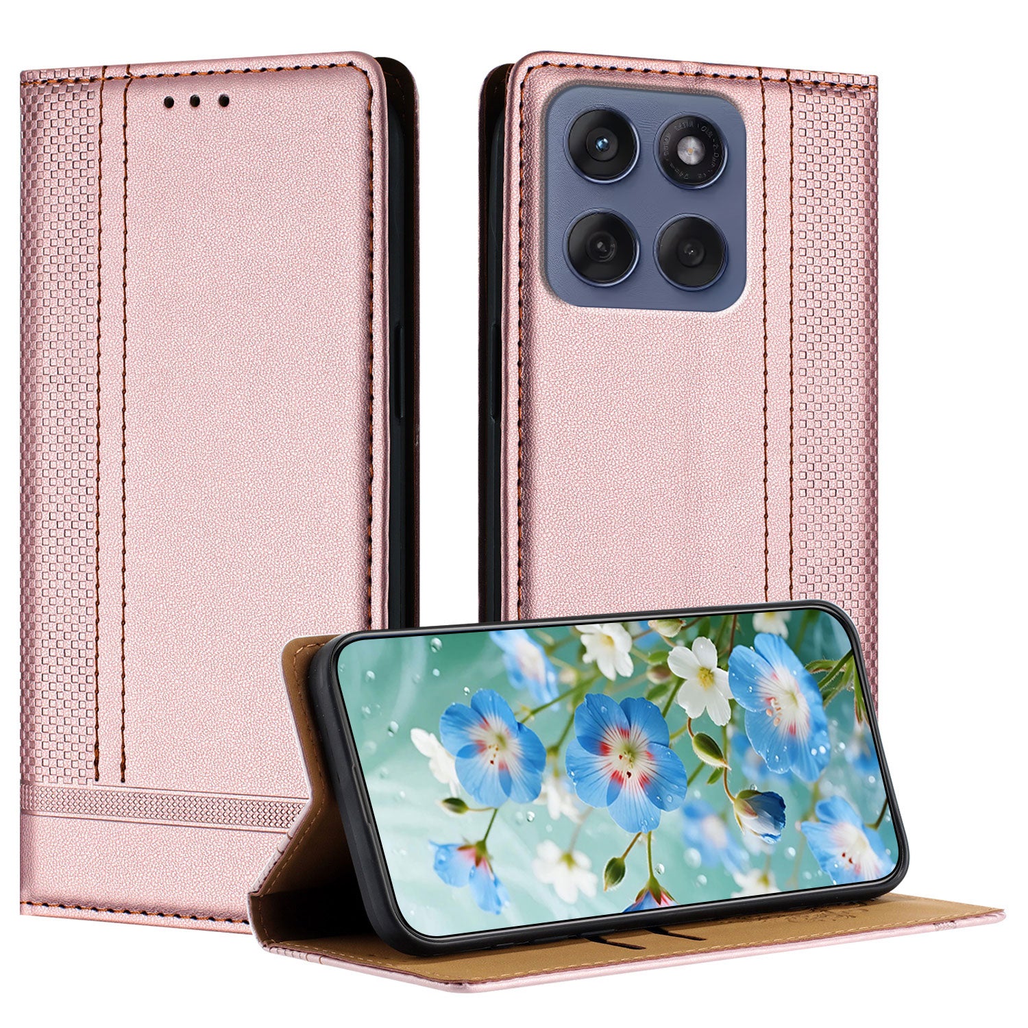 For Motorola Edge 70 5G Case L-Shaped Grid Pattern Leather Stand Phone Cover with Card Slots - Rose Gold