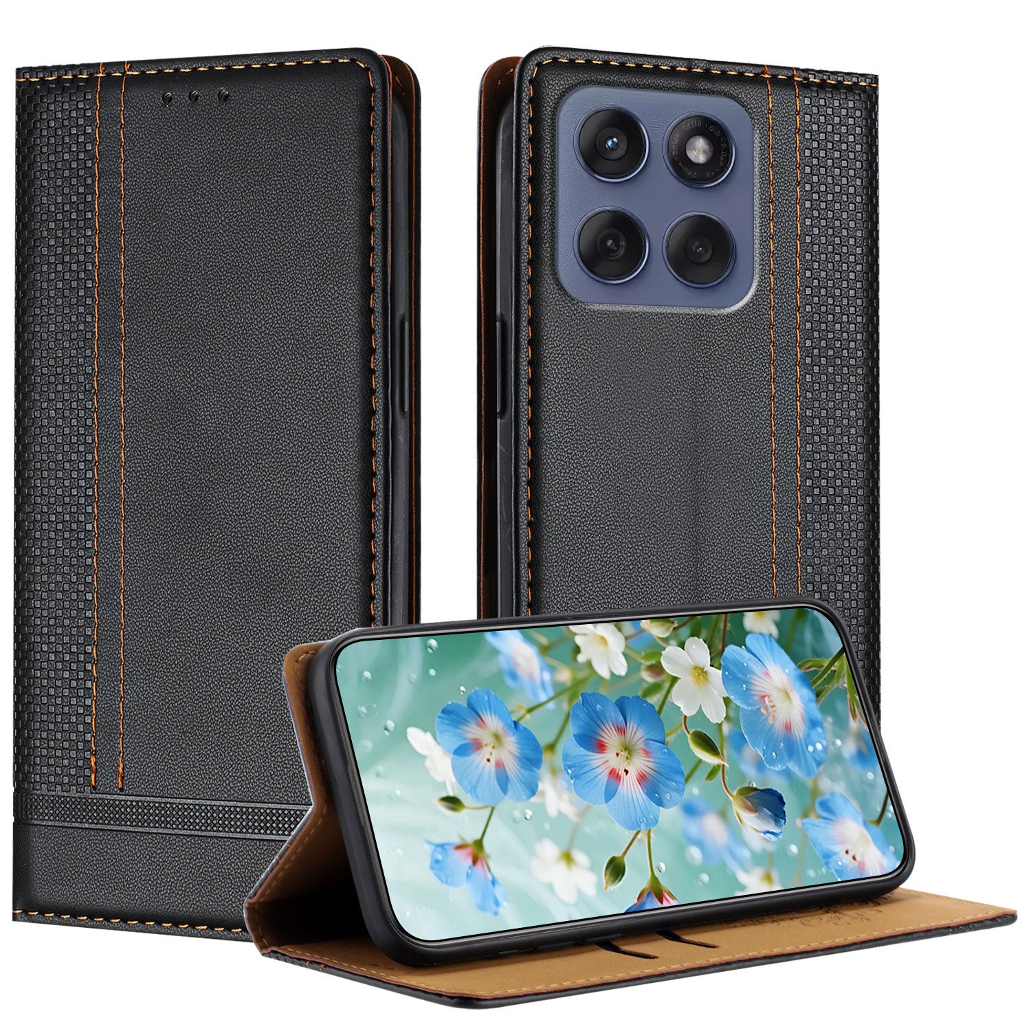 For Motorola Edge 70 5G Case L-Shaped Grid Pattern Leather Stand Phone Cover with Card Slots - Black