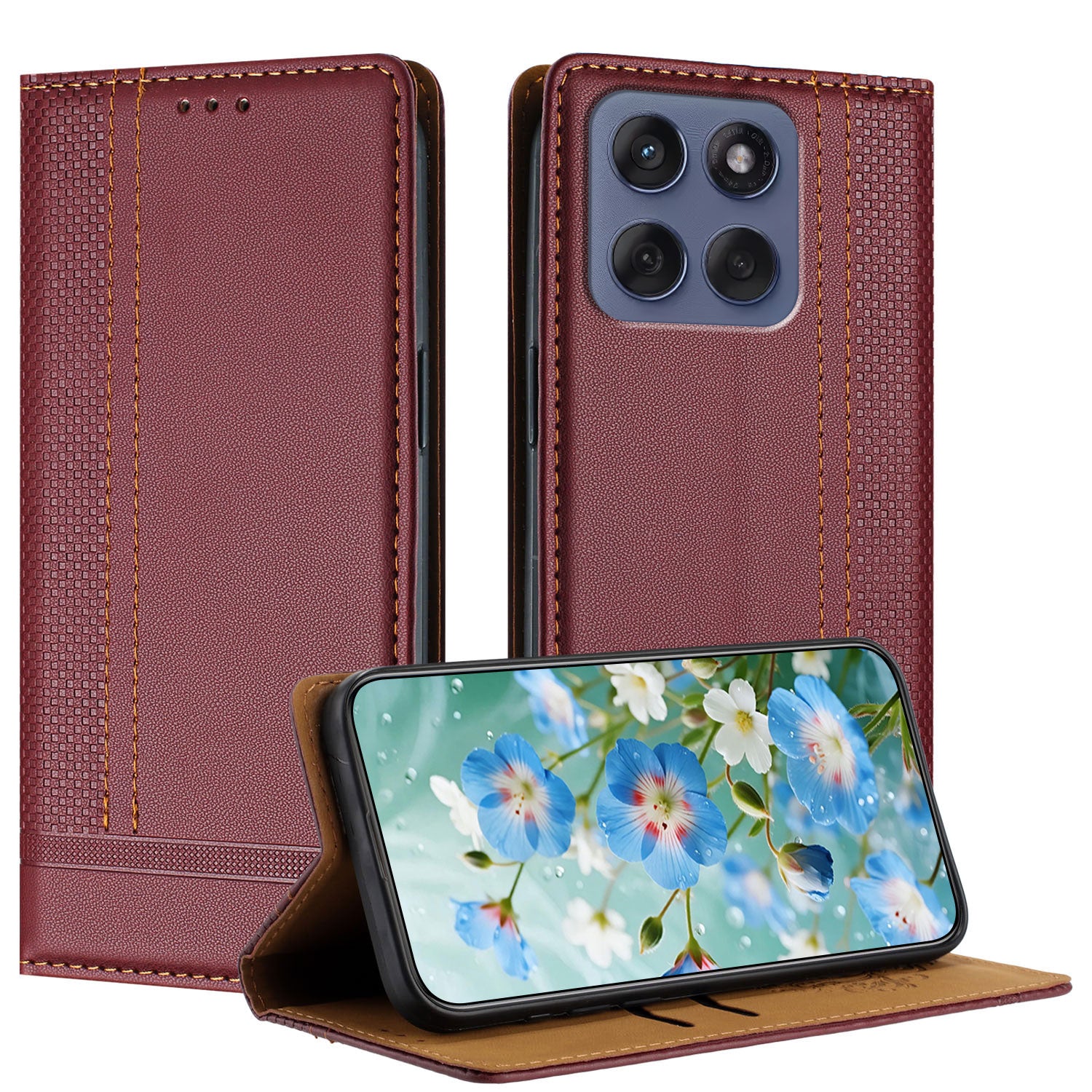 For Motorola Edge 70 5G Case L-Shaped Grid Pattern Leather Stand Phone Cover with Card Slots - Wine Red