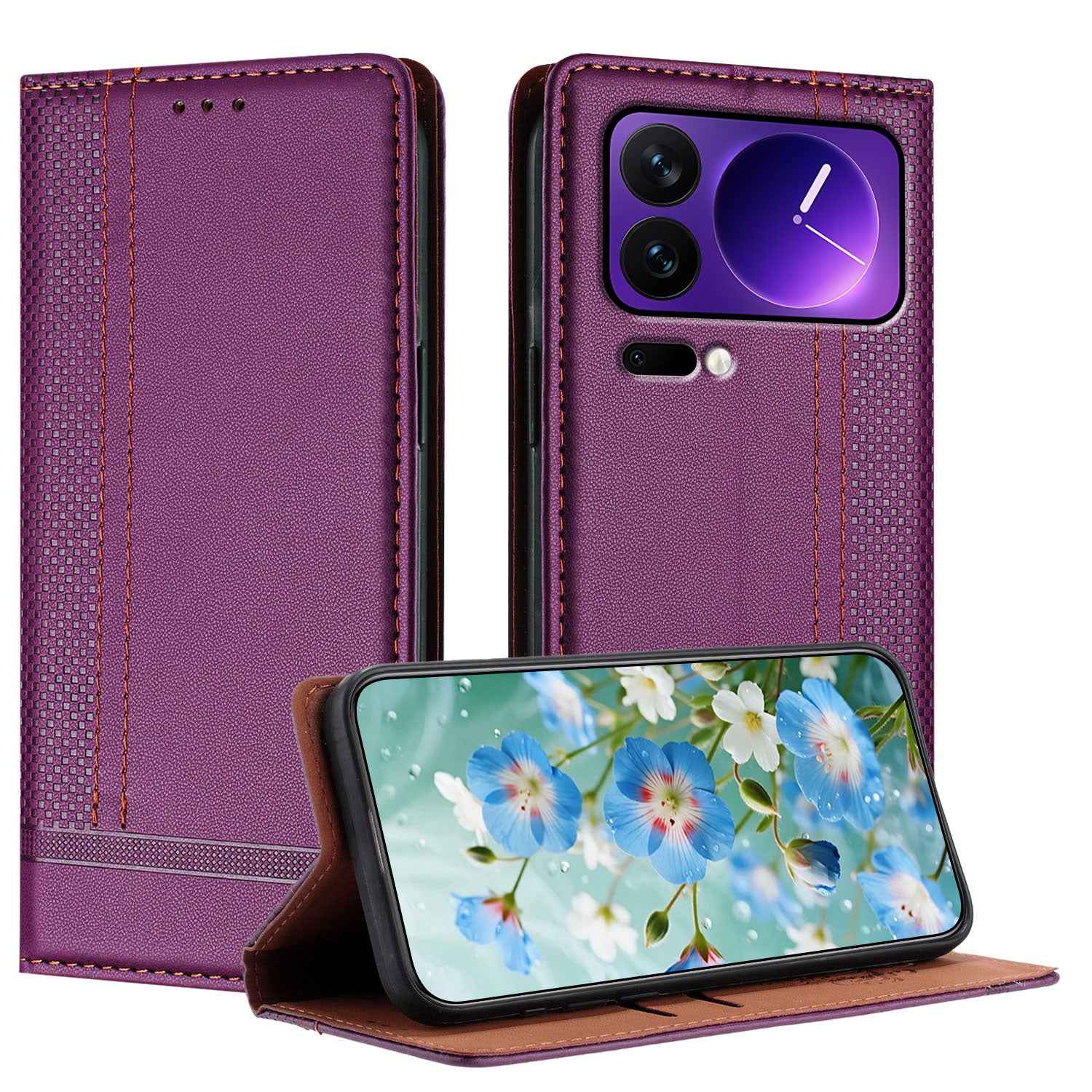 For Xiaomi 17 Pro Case L-Shaped Grid Pattern Leather Stand Phone Cover with Card Slots - Purple