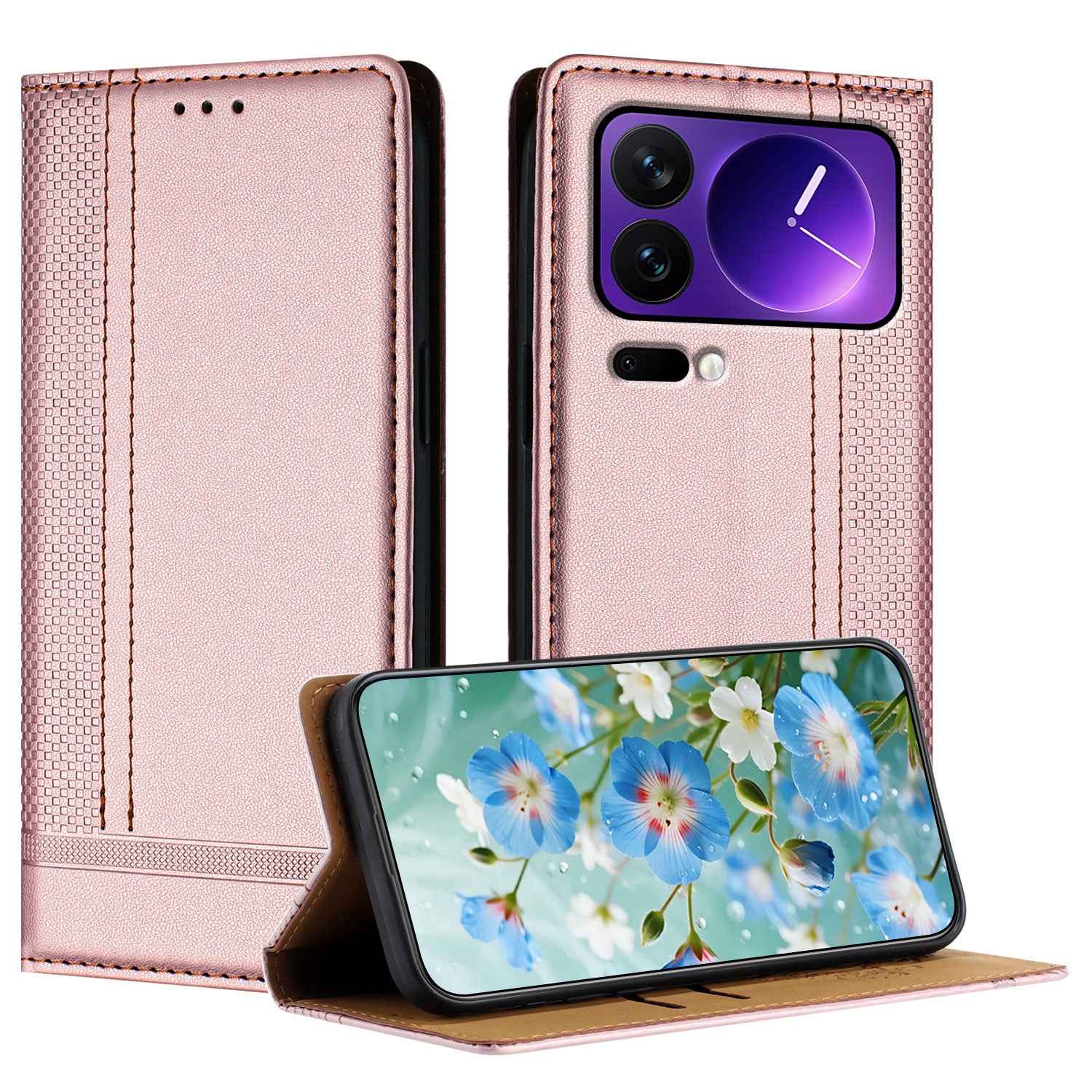 For Xiaomi 17 Pro Case L-Shaped Grid Pattern Leather Stand Phone Cover with Card Slots - Rose Gold