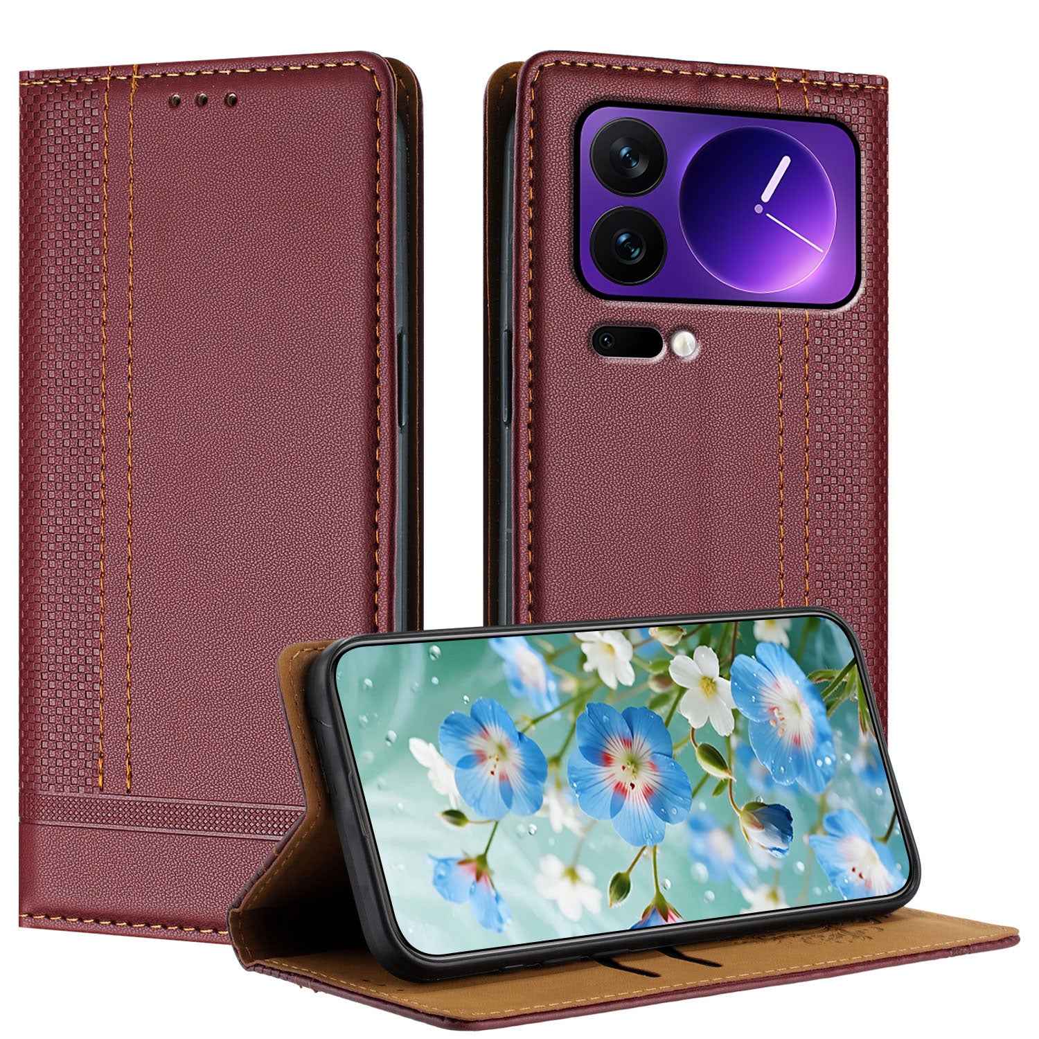 For Xiaomi 17 Pro Case L-Shaped Grid Pattern Leather Stand Phone Cover with Card Slots - Wine Red