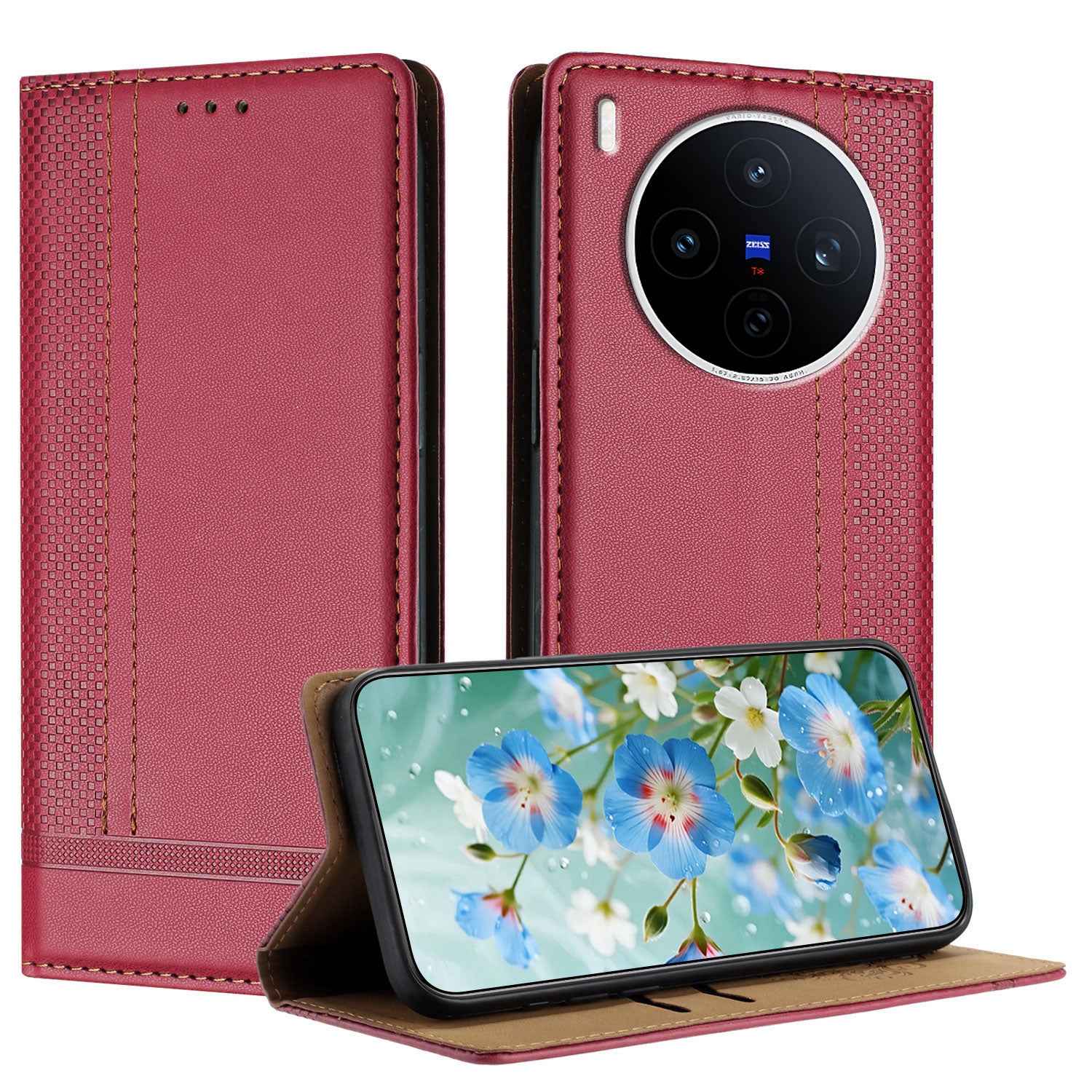 For vivo X300 5G Case L-Shaped Grid Pattern Leather Stand Phone Cover with Card Slots - Red