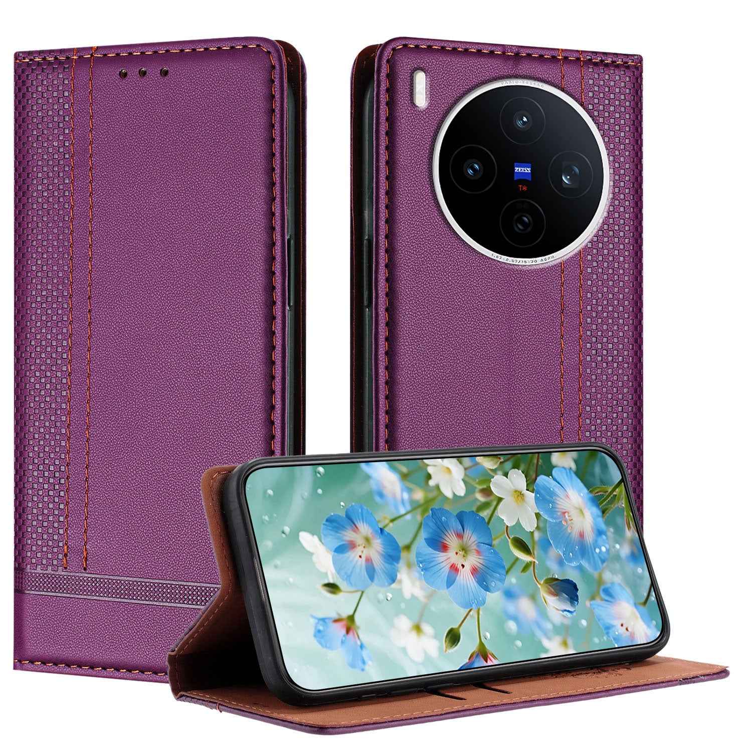 For vivo X300 5G Case L-Shaped Grid Pattern Leather Stand Phone Cover with Card Slots - Purple