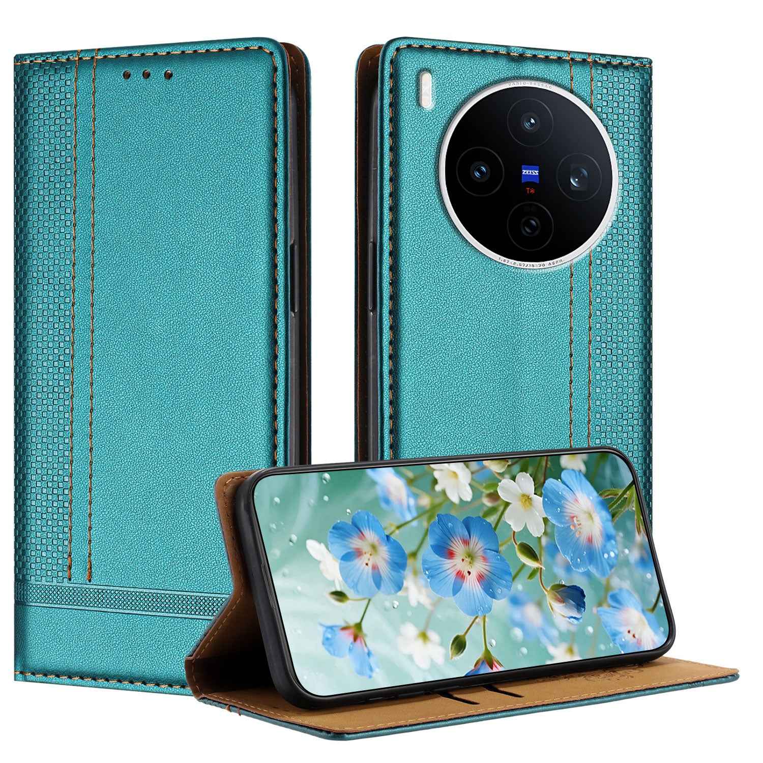 For vivo X300 5G Case L-Shaped Grid Pattern Leather Stand Phone Cover with Card Slots - Green