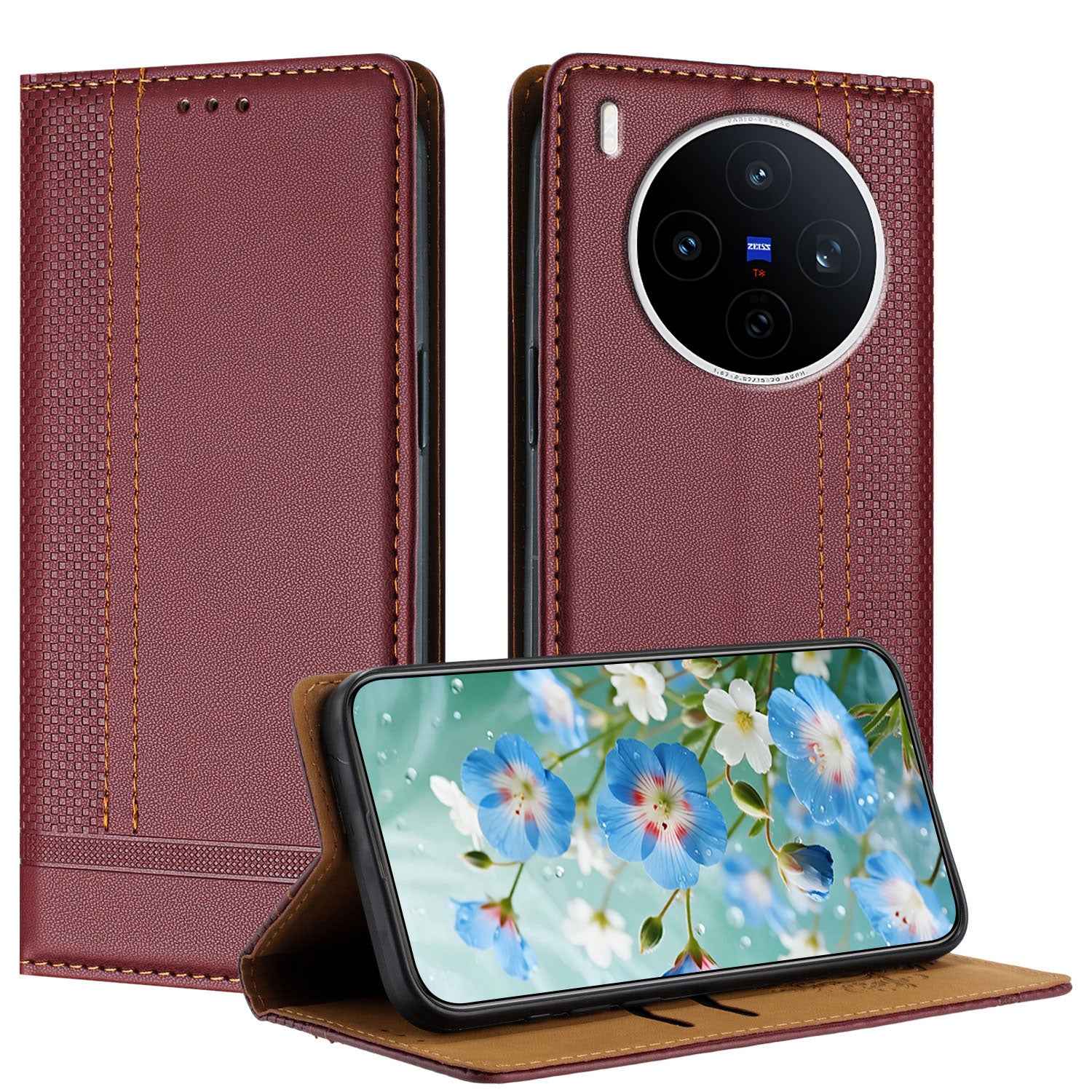 For vivo X300 5G Case L-Shaped Grid Pattern Leather Stand Phone Cover with Card Slots - Wine Red