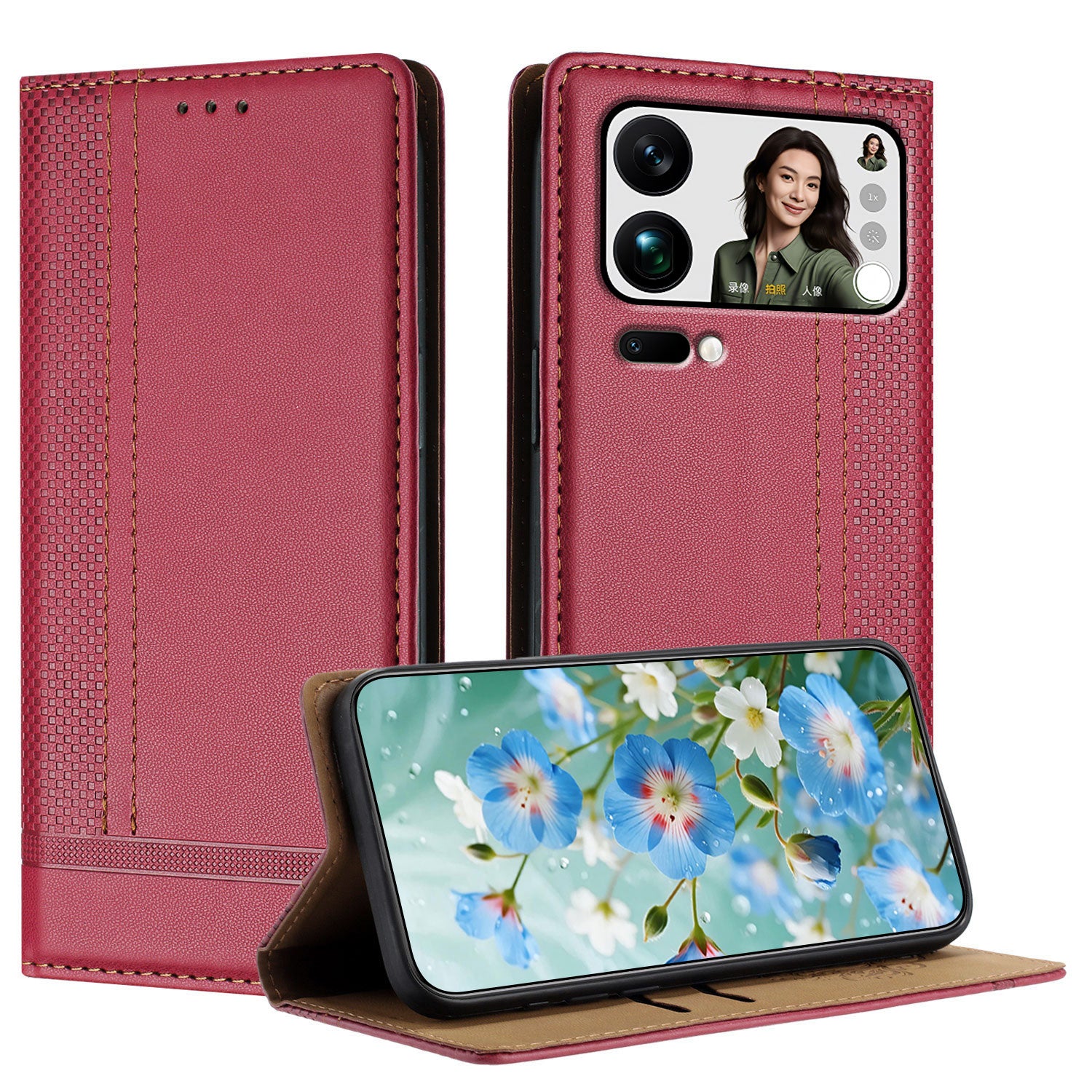 For Xiaomi 17 Pro Max Case L-Shaped Grid Pattern Leather Stand Phone Cover with Card Slots - Red