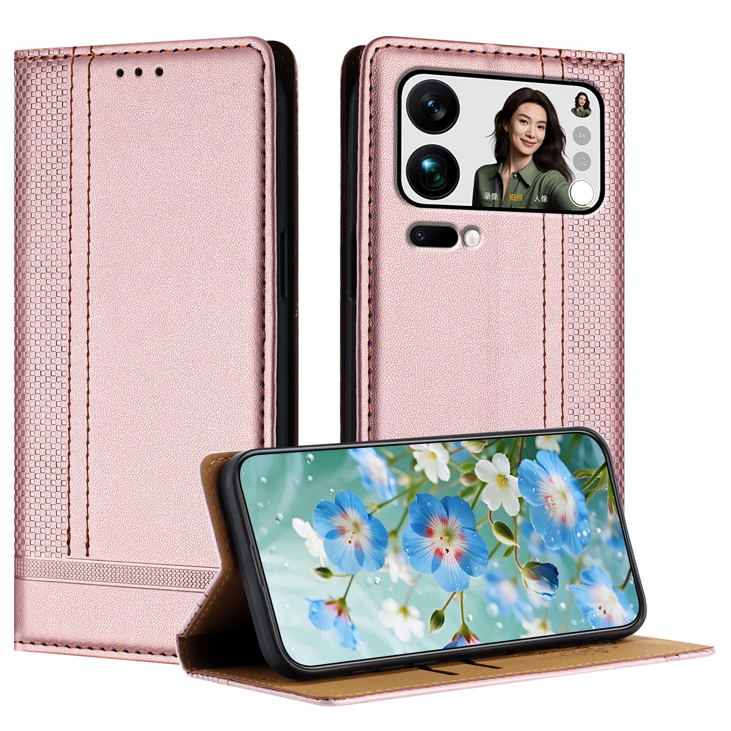 For Xiaomi 17 Pro Max Case L-Shaped Grid Pattern Leather Stand Phone Cover with Card Slots - Rose Gold
