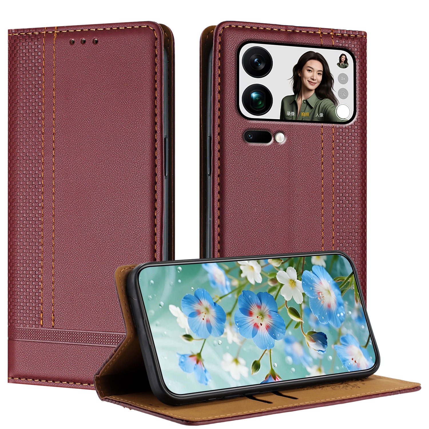 For Xiaomi 17 Pro Max Case L-Shaped Grid Pattern Leather Stand Phone Cover with Card Slots - Wine Red