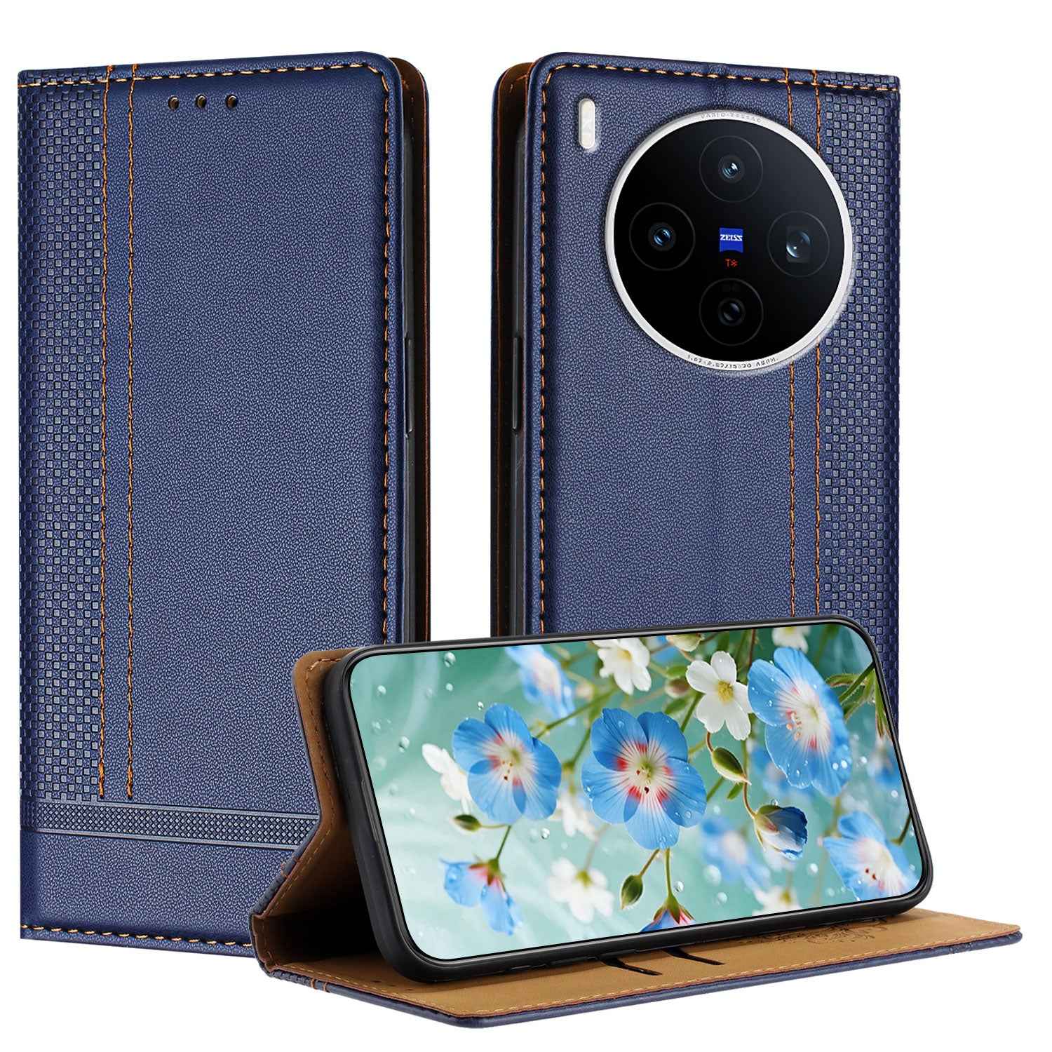 For vivo X300 Pro 5G Case L-Shaped Grid Pattern Leather Stand Phone Cover with Card Slots - Blue