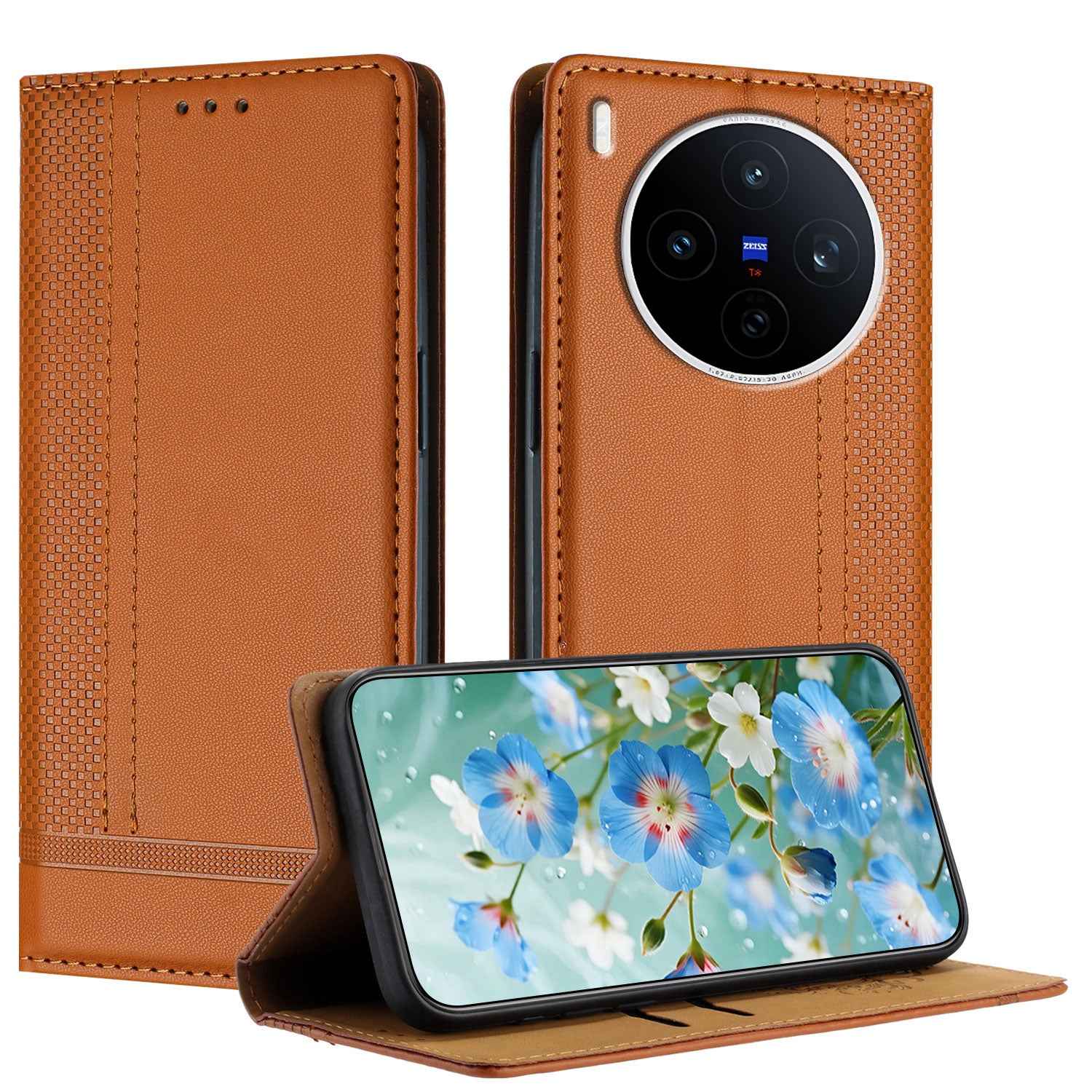 For vivo X300 Pro 5G Case L-Shaped Grid Pattern Leather Stand Phone Cover with Card Slots - Brown