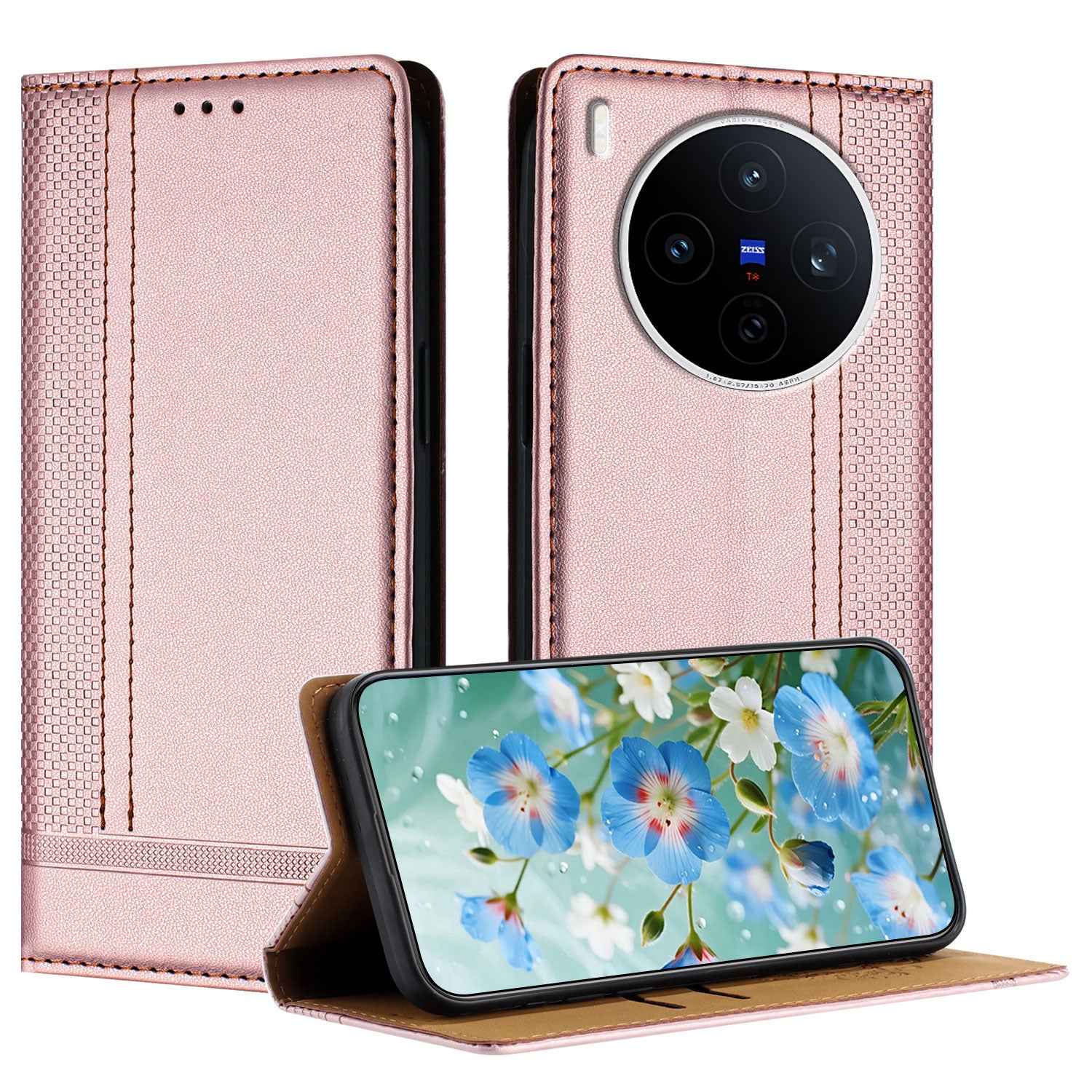 For vivo X300 Pro 5G Case L-Shaped Grid Pattern Leather Stand Phone Cover with Card Slots - Rose Gold